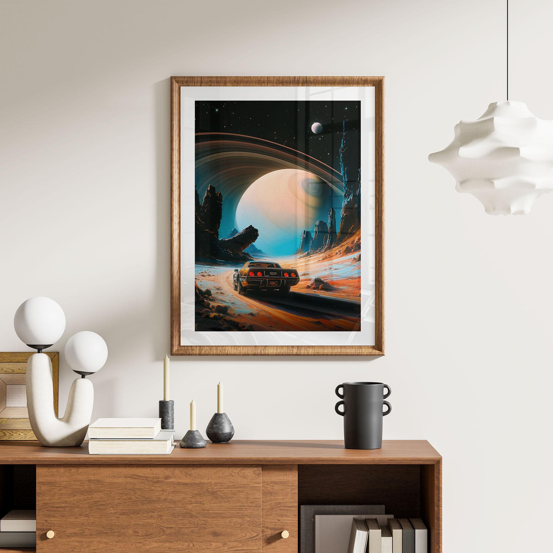 Poster Ruimte - Retro raceauto in de ruimte - Taudalpoi
