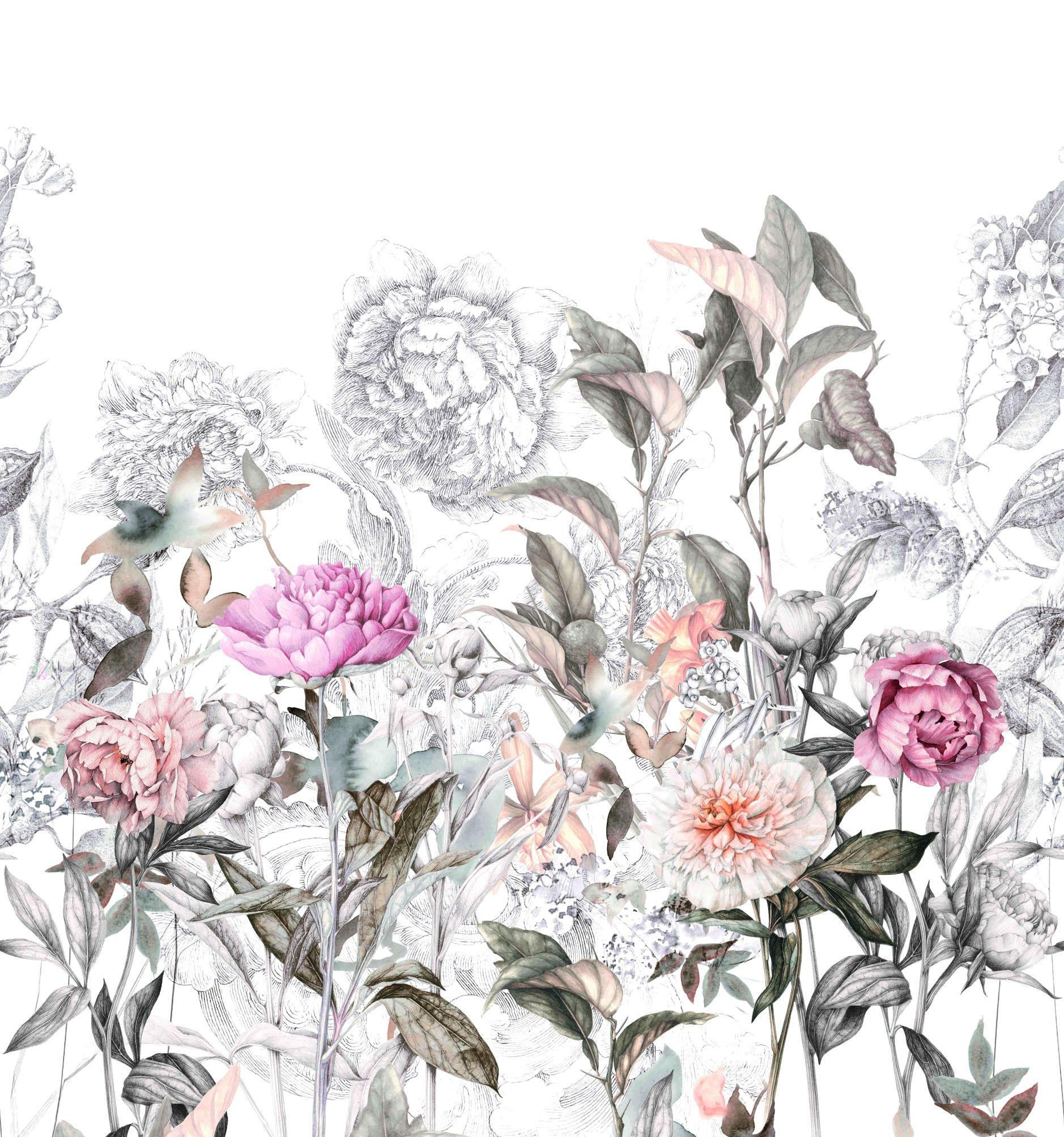 Fototapet med motiv Delikate vintage-blomster i grå og rosa 3,4 x 3,18 m