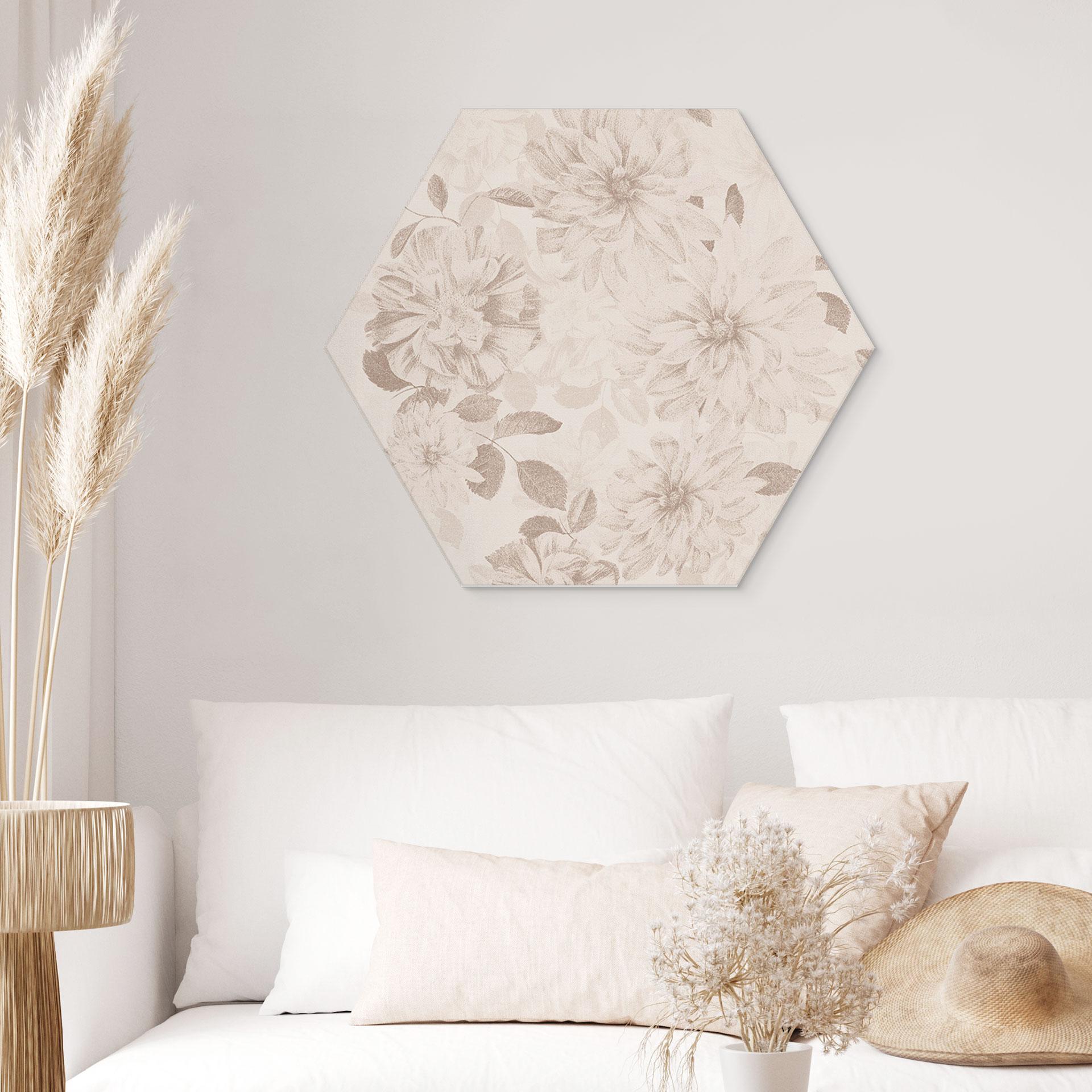 Sekskantet Billede Dahliaer Shabby Chic Beige - Bloomery Decor - Alu-Dibond