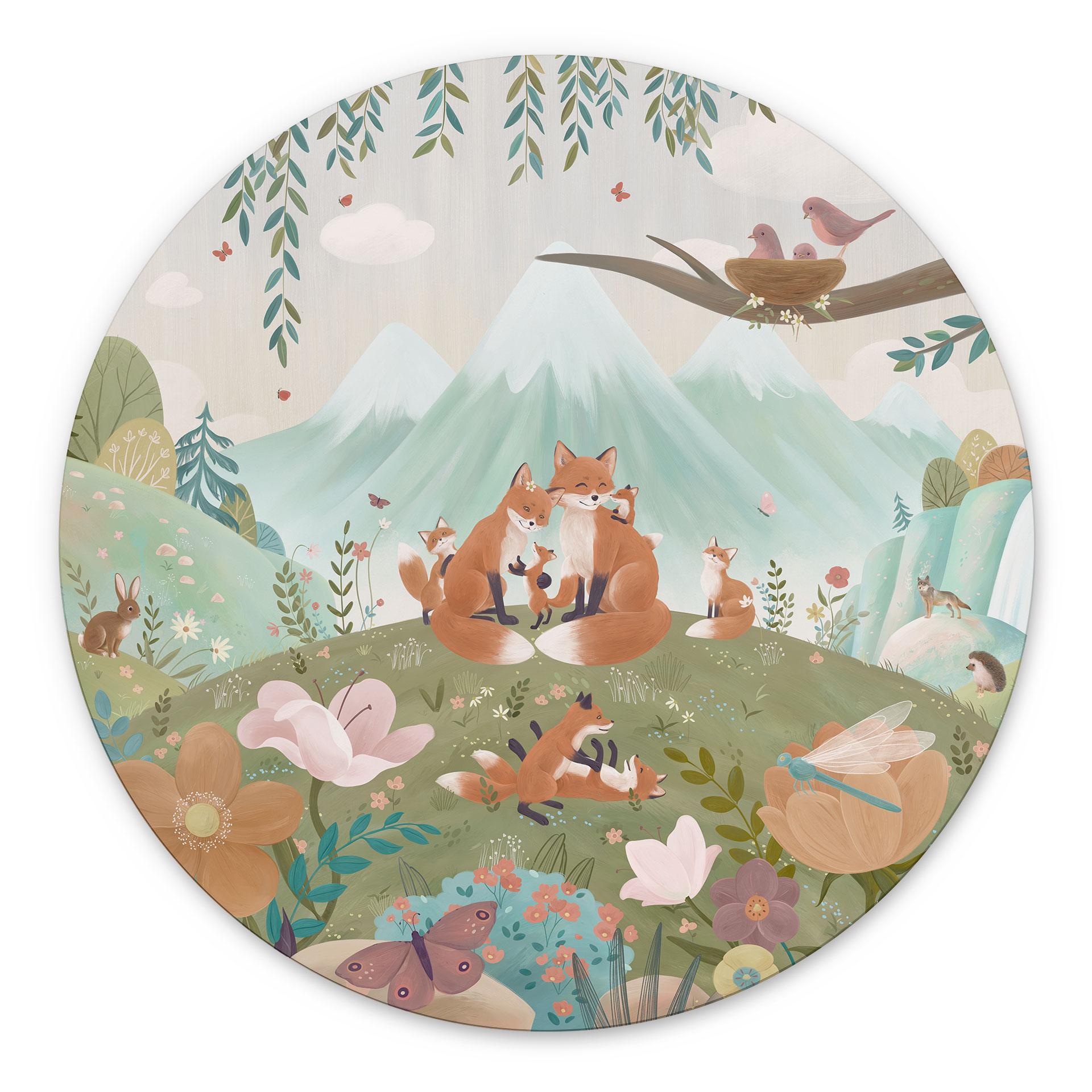 Wanddecoratie Vossenfamilie op de Bloemenweide - Oliver Robins - Alu-Dibond - Rond