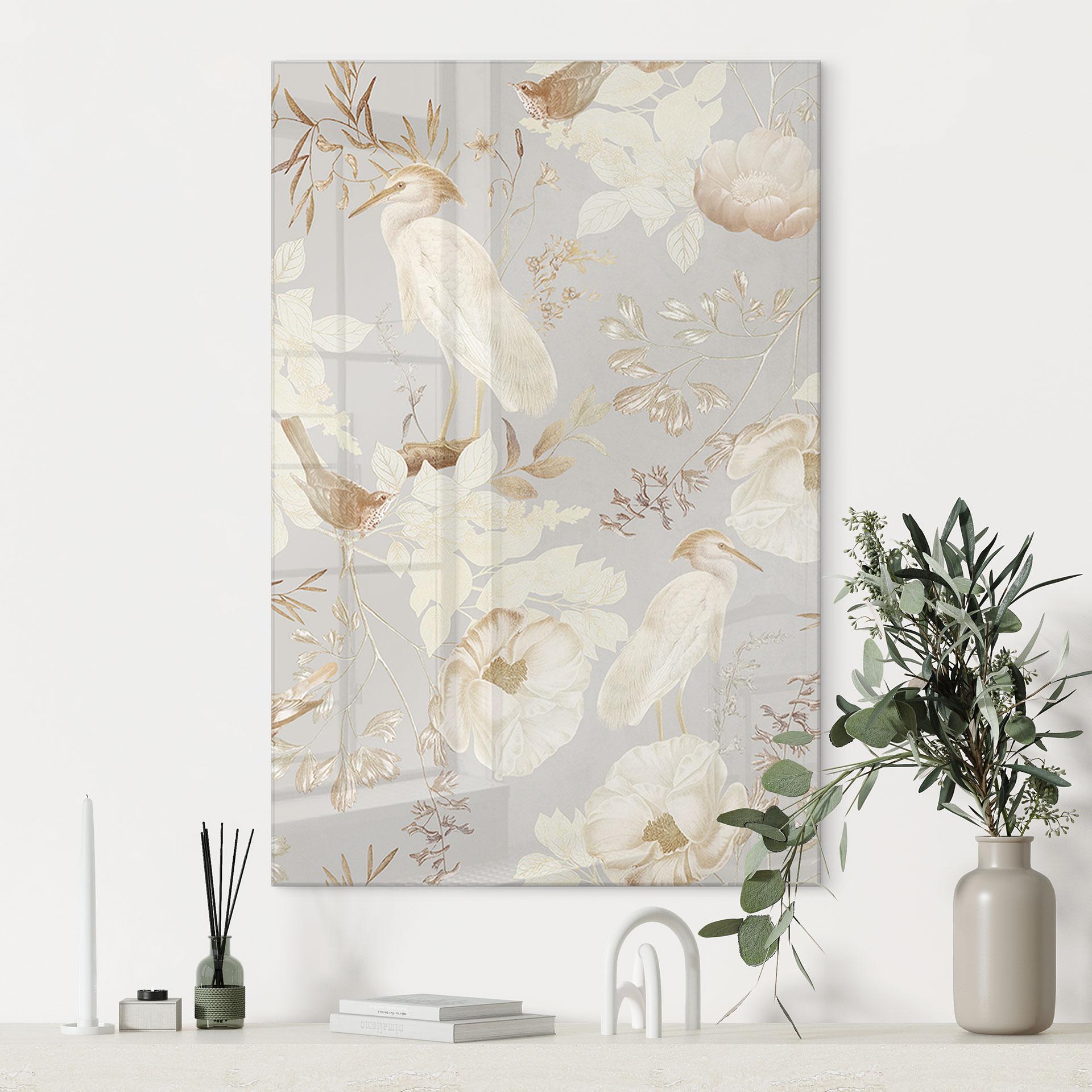Stampa su vetro acrilico Uccelli tra fiori bianchi - UN Designs