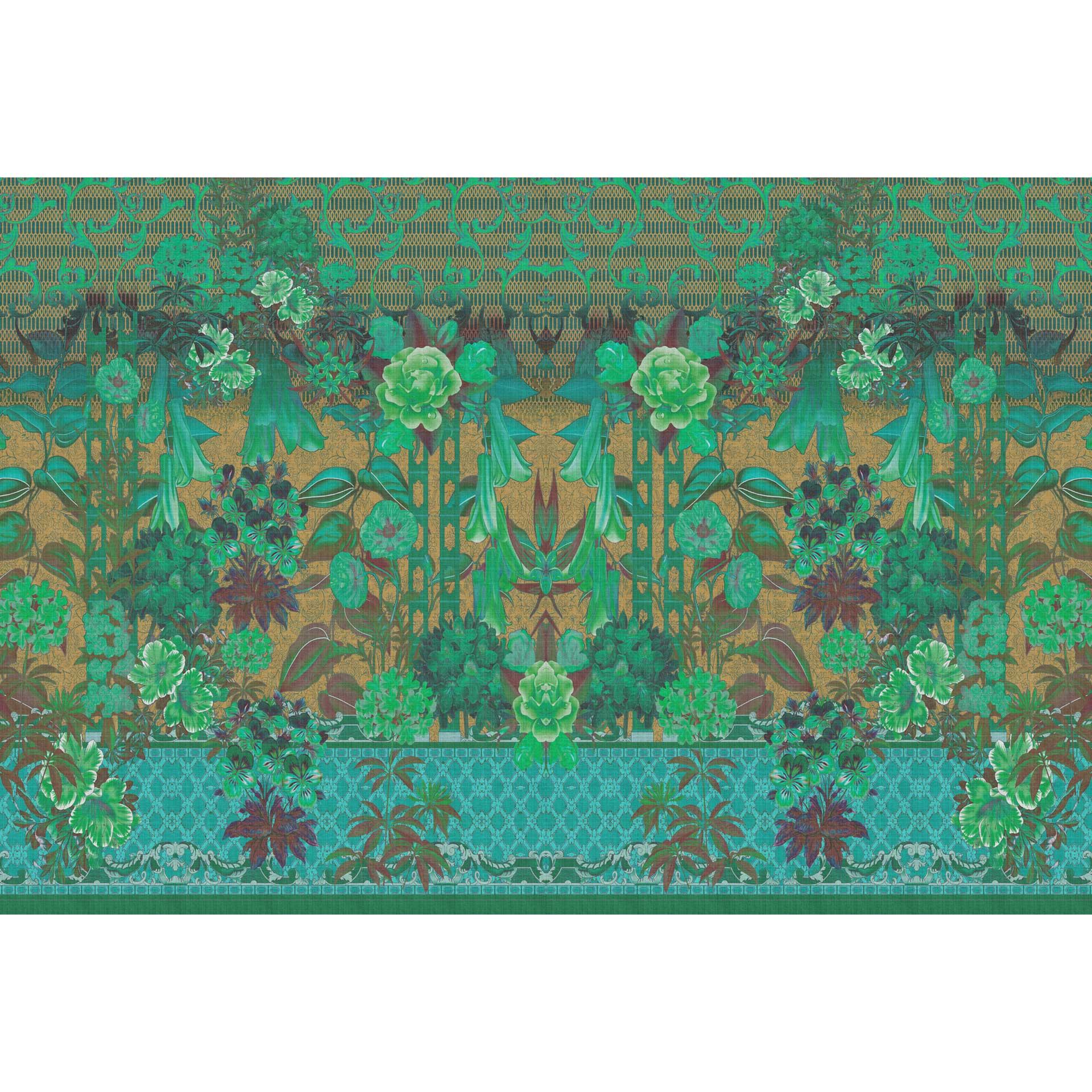 Klassiek vintage bloemen behang - groene accenten op goud - vlies