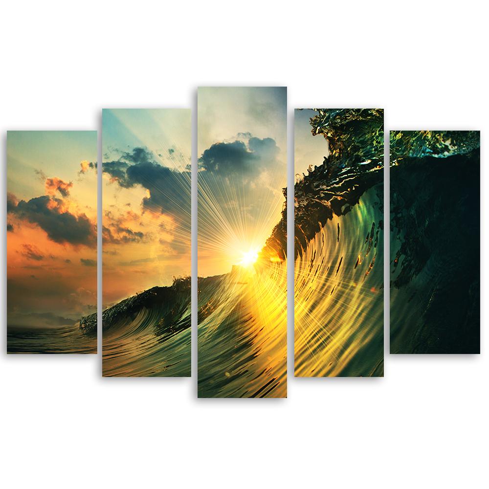Lærredstryk 5 stykker, Waves Sea Sky Sunset