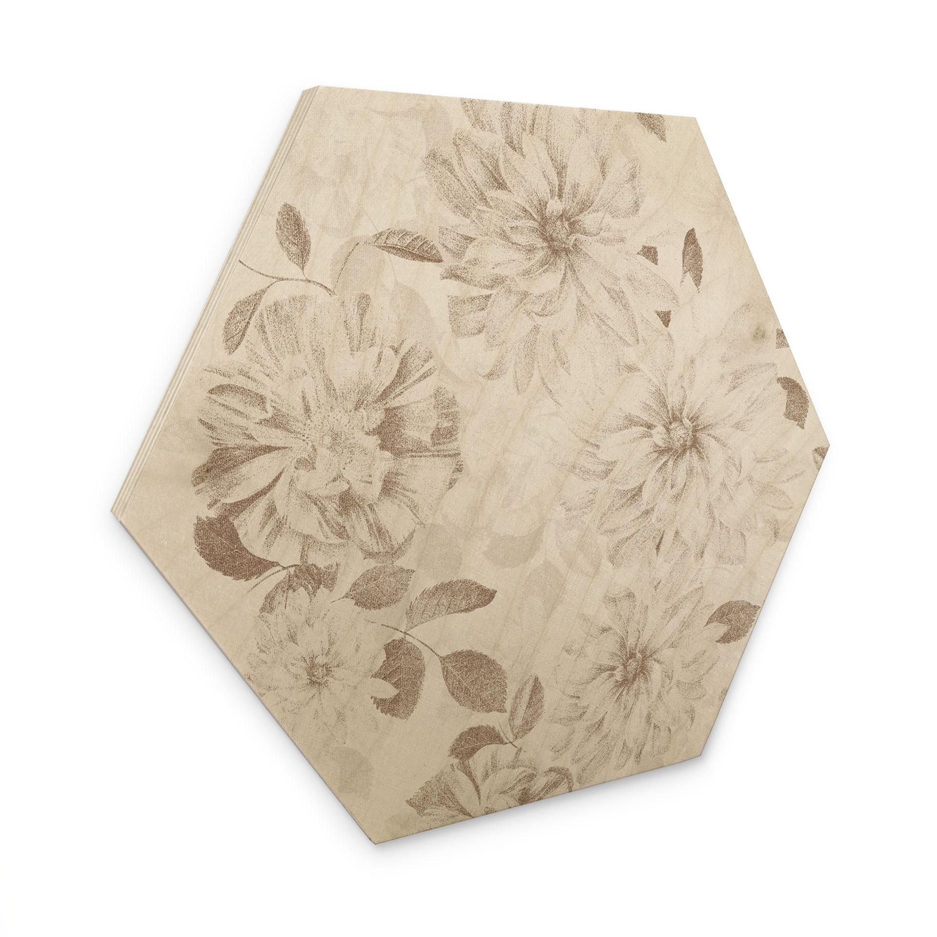Sekskantet billede af træ Dahliaer Shabby Chic Beige - Bloomery Decor
