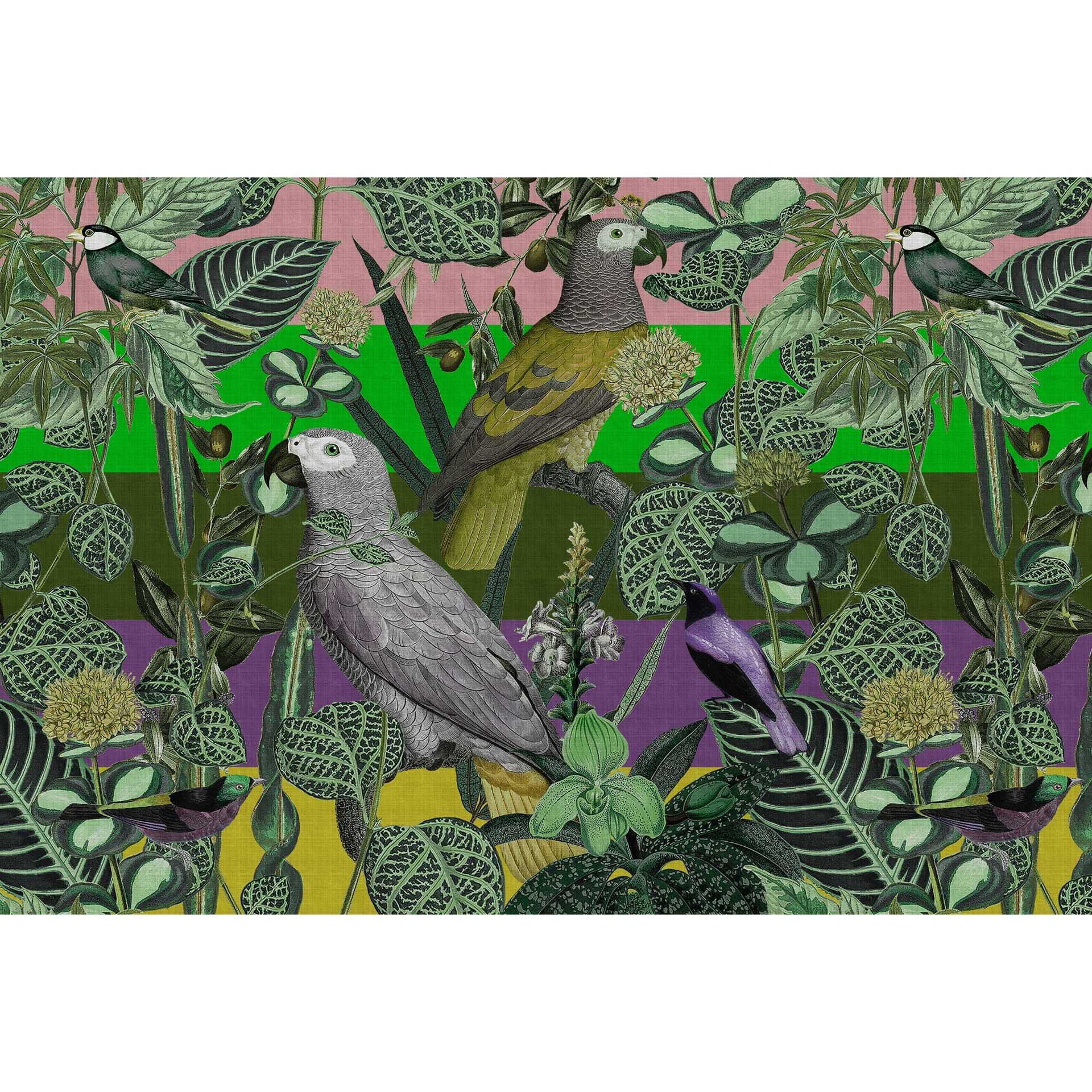 Papegaai behang in groene tinten met plantenmotief - vliesbehang