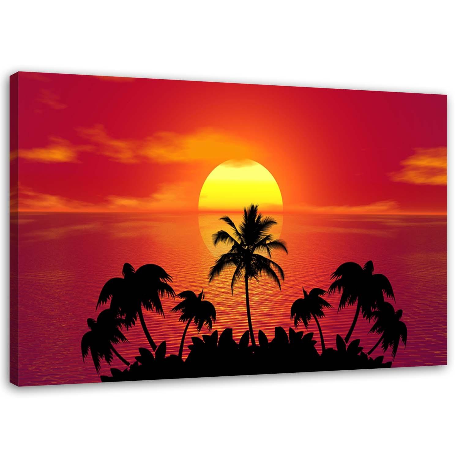 Canvasbillede, Solnedgang og palmer