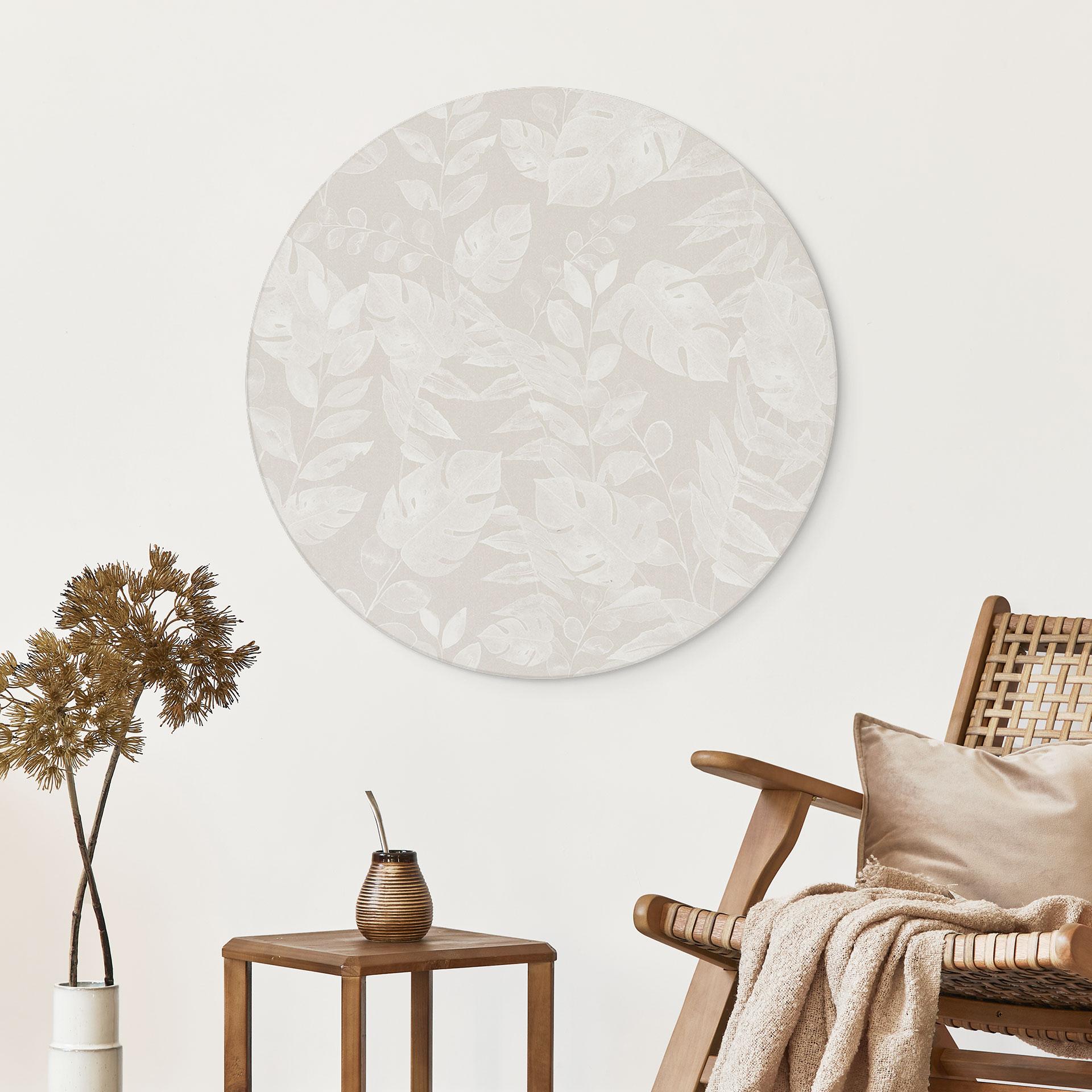 Tropiske blade beige - blomsterdekoration - rund – print på aluminium (Alu-Dibond)