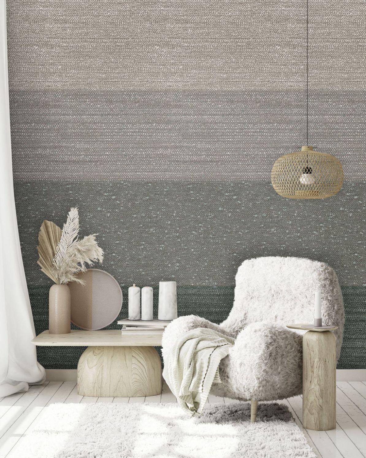 Fotomurale con motivo textil a rayas en beige crudo y gris 2,7 x 1,59 m
