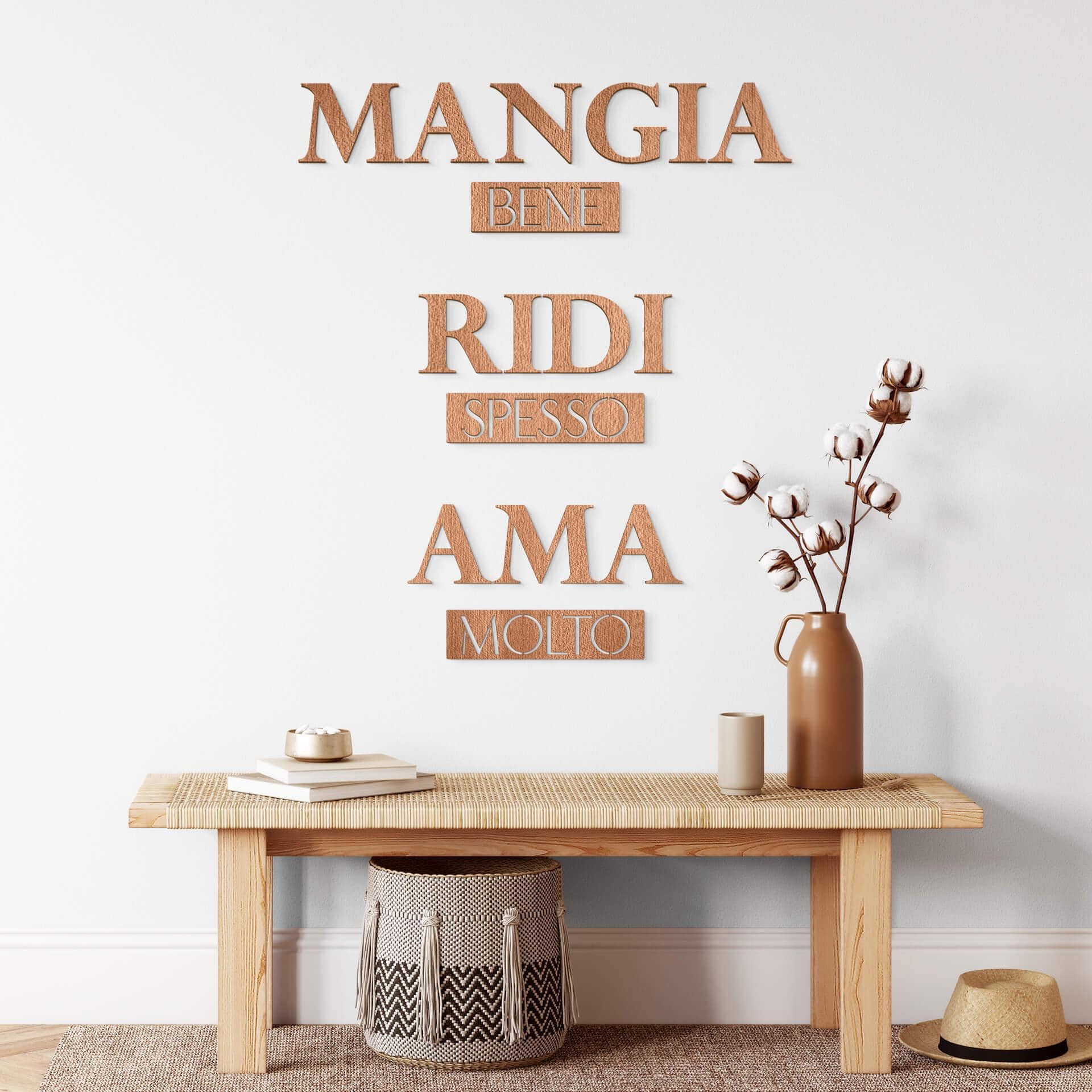 Décoration murale en bois placage d'acajou - Mangia bene, Ridi spesso, Ama