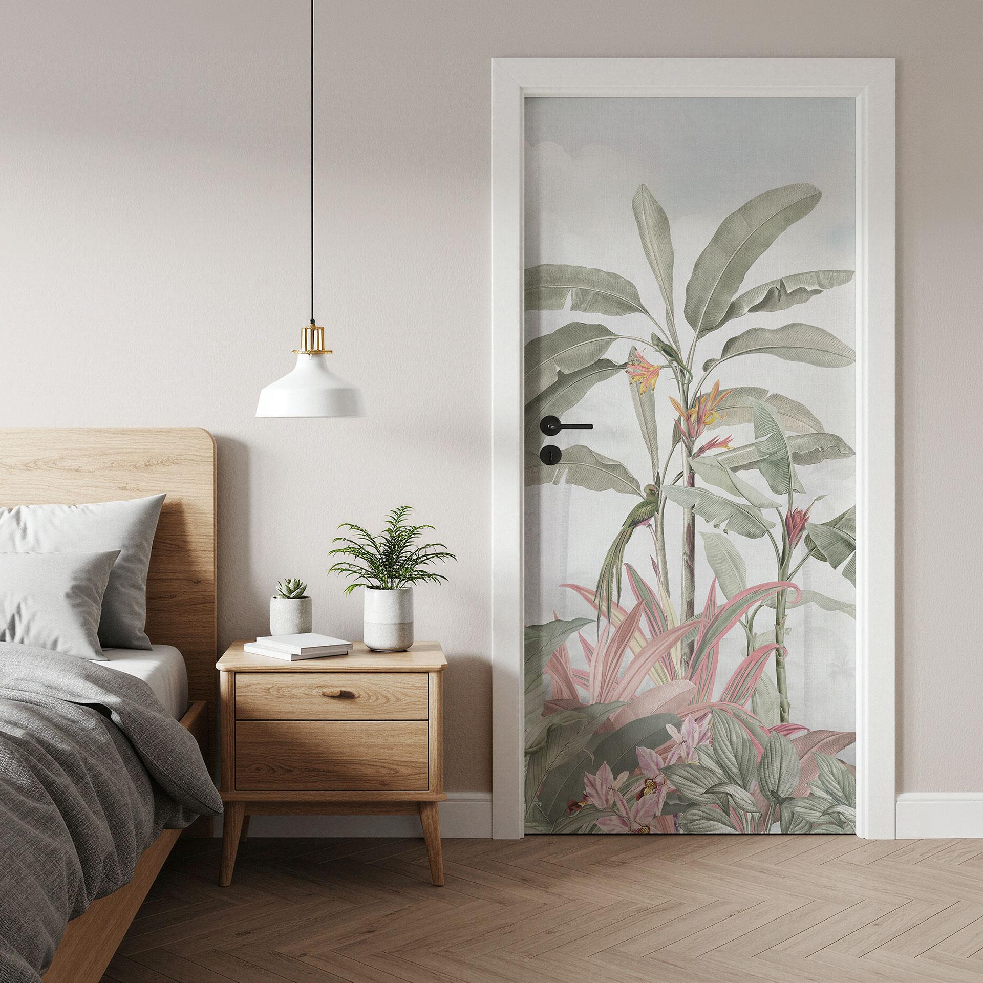 Vinilo para puerta Idilio tropical con colibrí azul - Bloomery Decor - Decoración autoadhesiva para