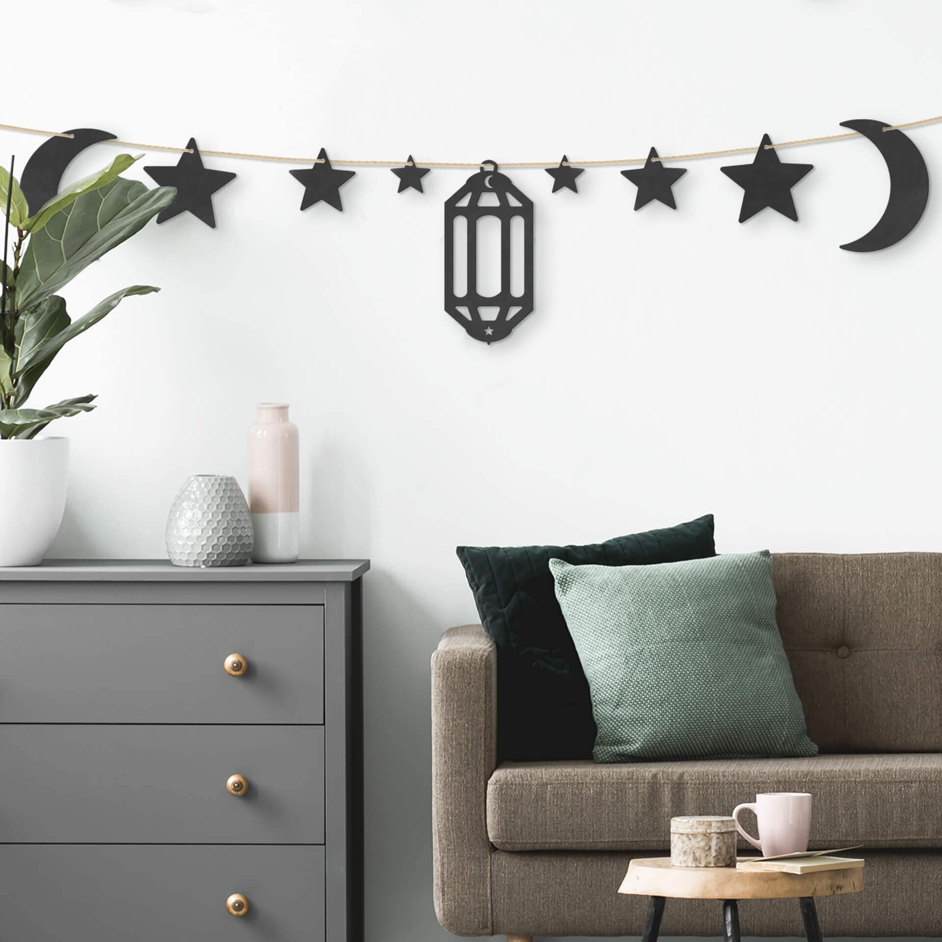 Décoration en bois MDF - Set pour Ramadan - Lune, étoiles et lanterne
