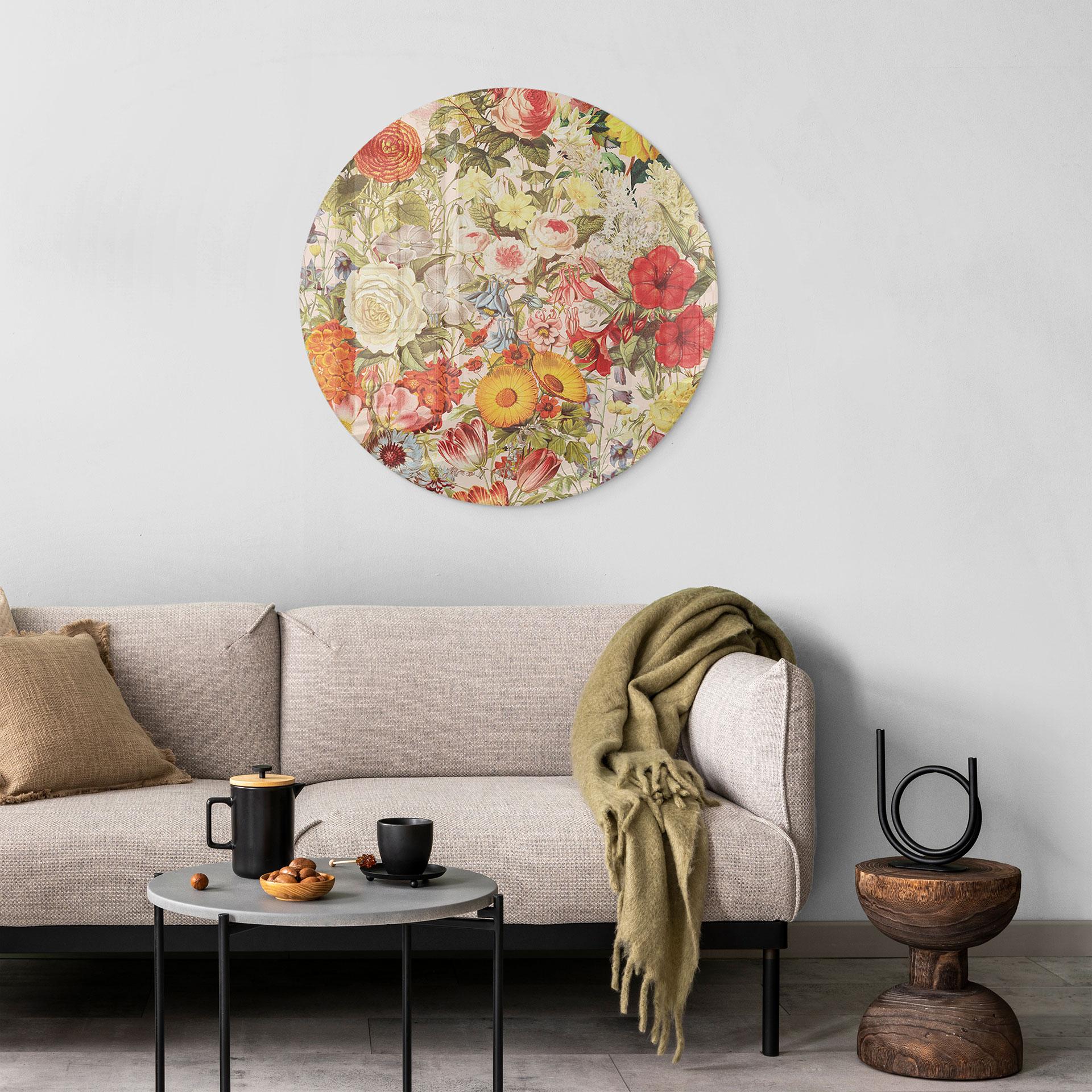 Glasbild Farbenfrohe Blumencollage - Frida Floral Studio - Rund