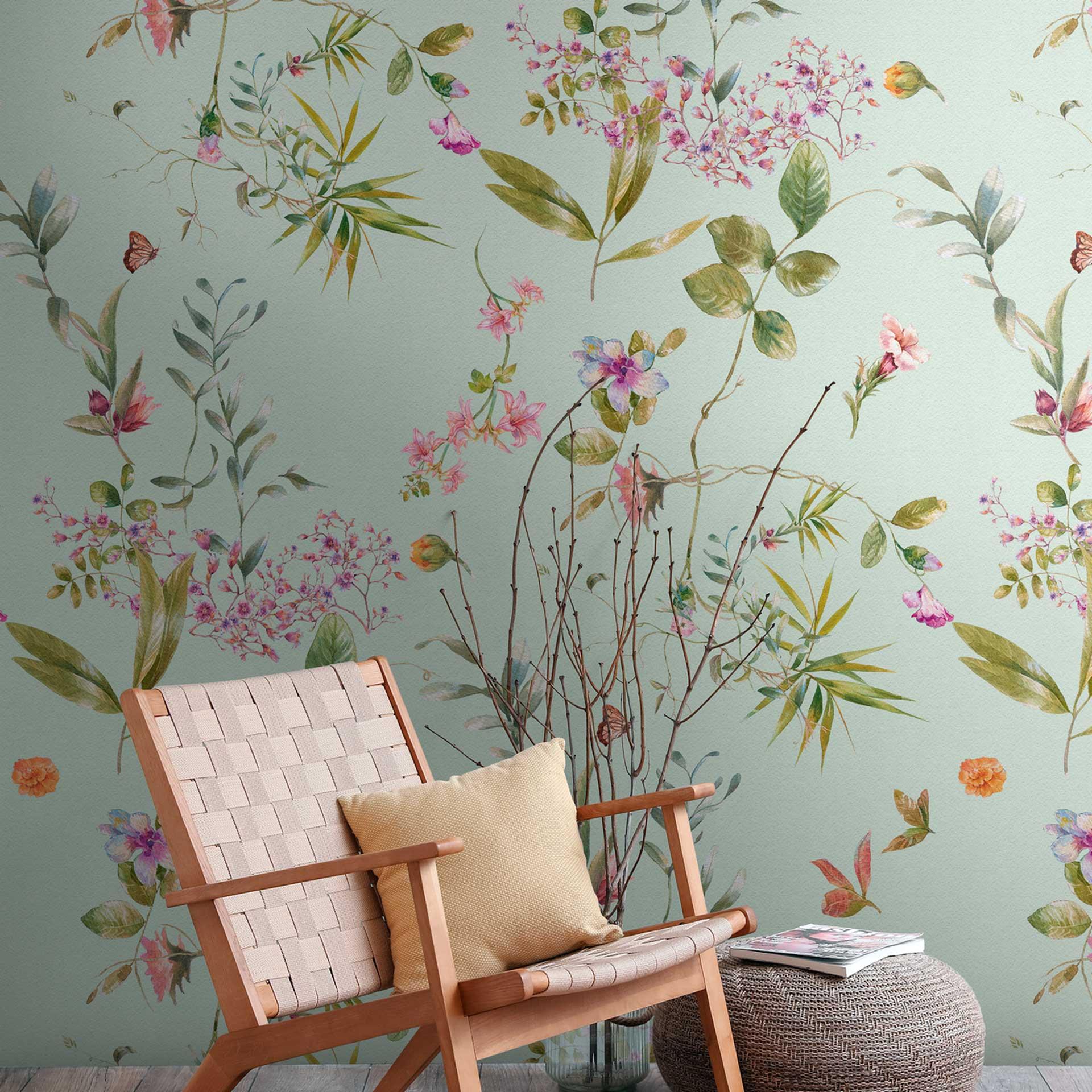 Blomstertapet mintgrønt farverigt - non-woven tapet med blomstermotiv til soveværelse & stue