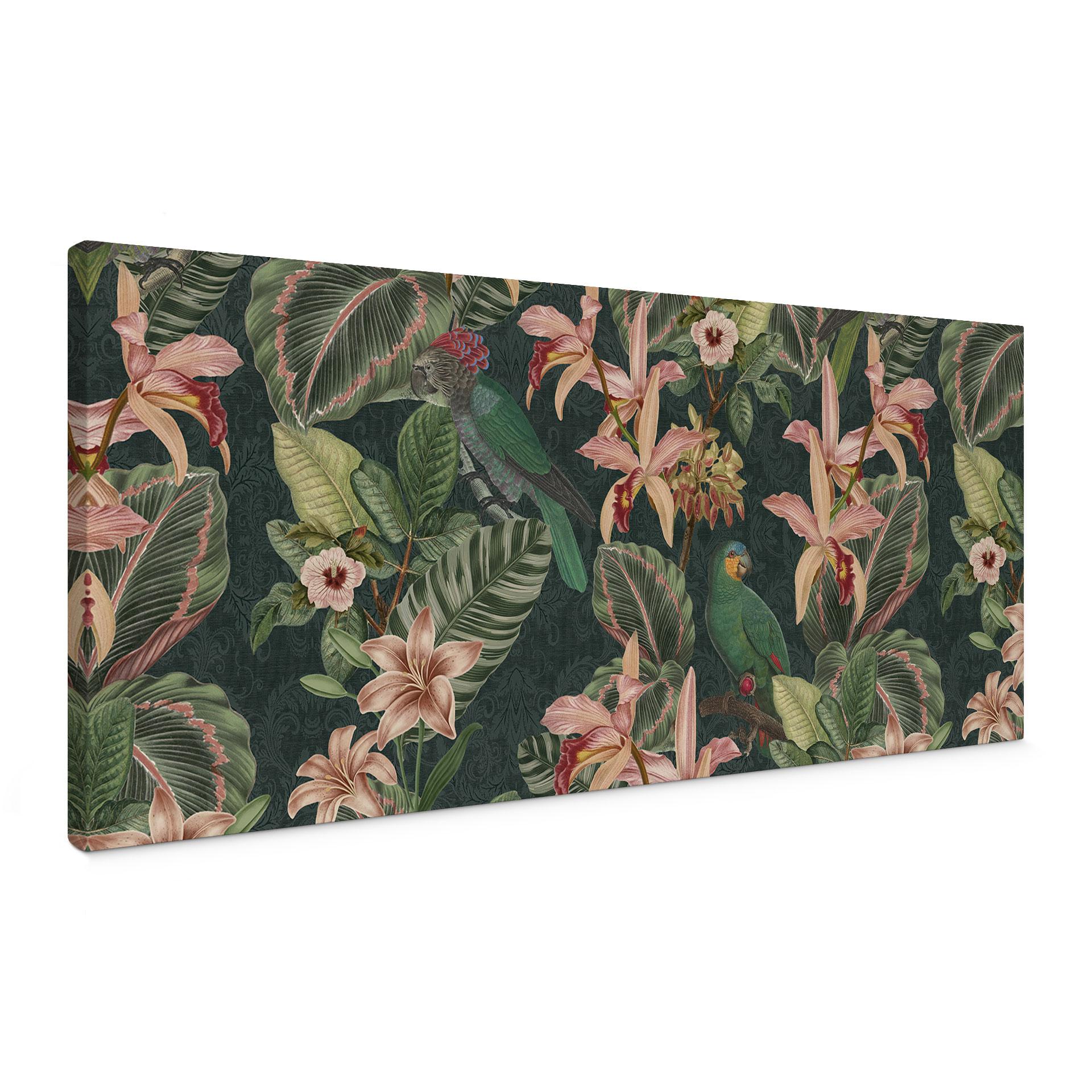 Canvasbillede Jungle med papegøjer natgrøn - Blomsterdekoration - Panorama