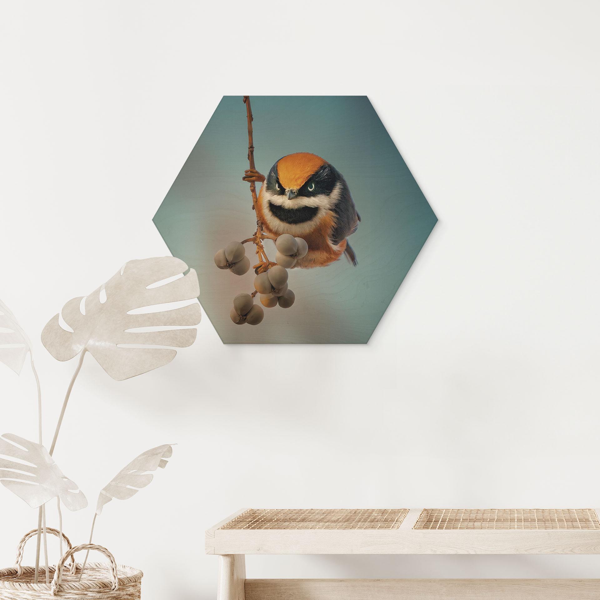 Hexagon Holzbild Kleiner Vogel am Ast - Jacob Xu