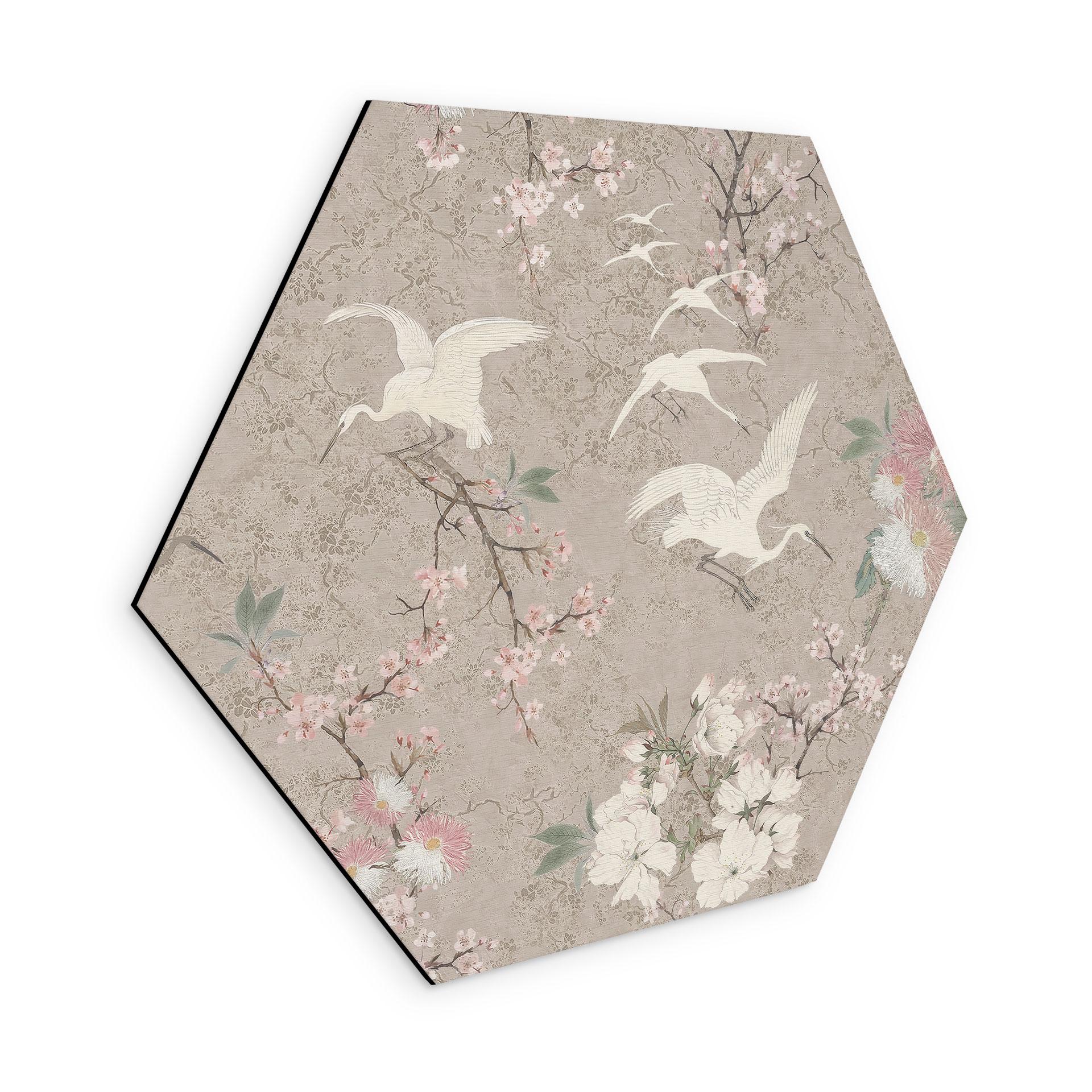 Sekskantet Billede af kraner i kirsebærblomst Rush Beige - Bloomery Decor - Aluminium Dibond