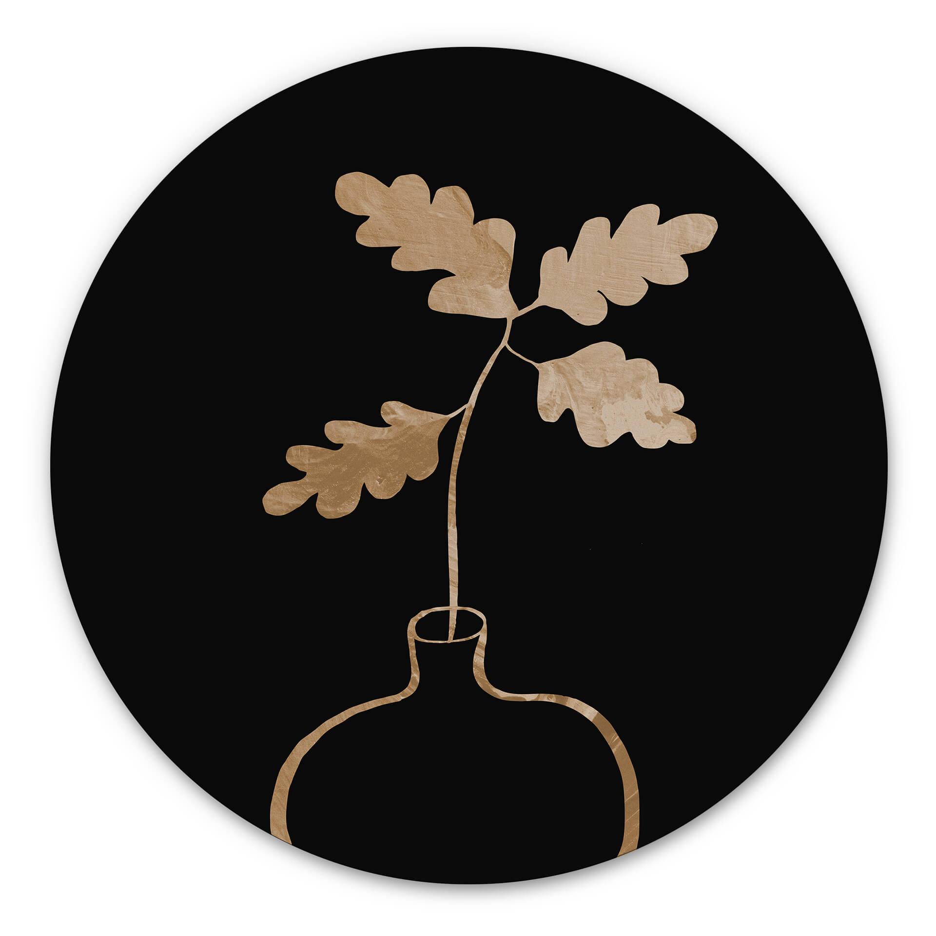 Tableau sur alu-Dibond rond 1X Studio - Feuilles de chêne doré dans un vase