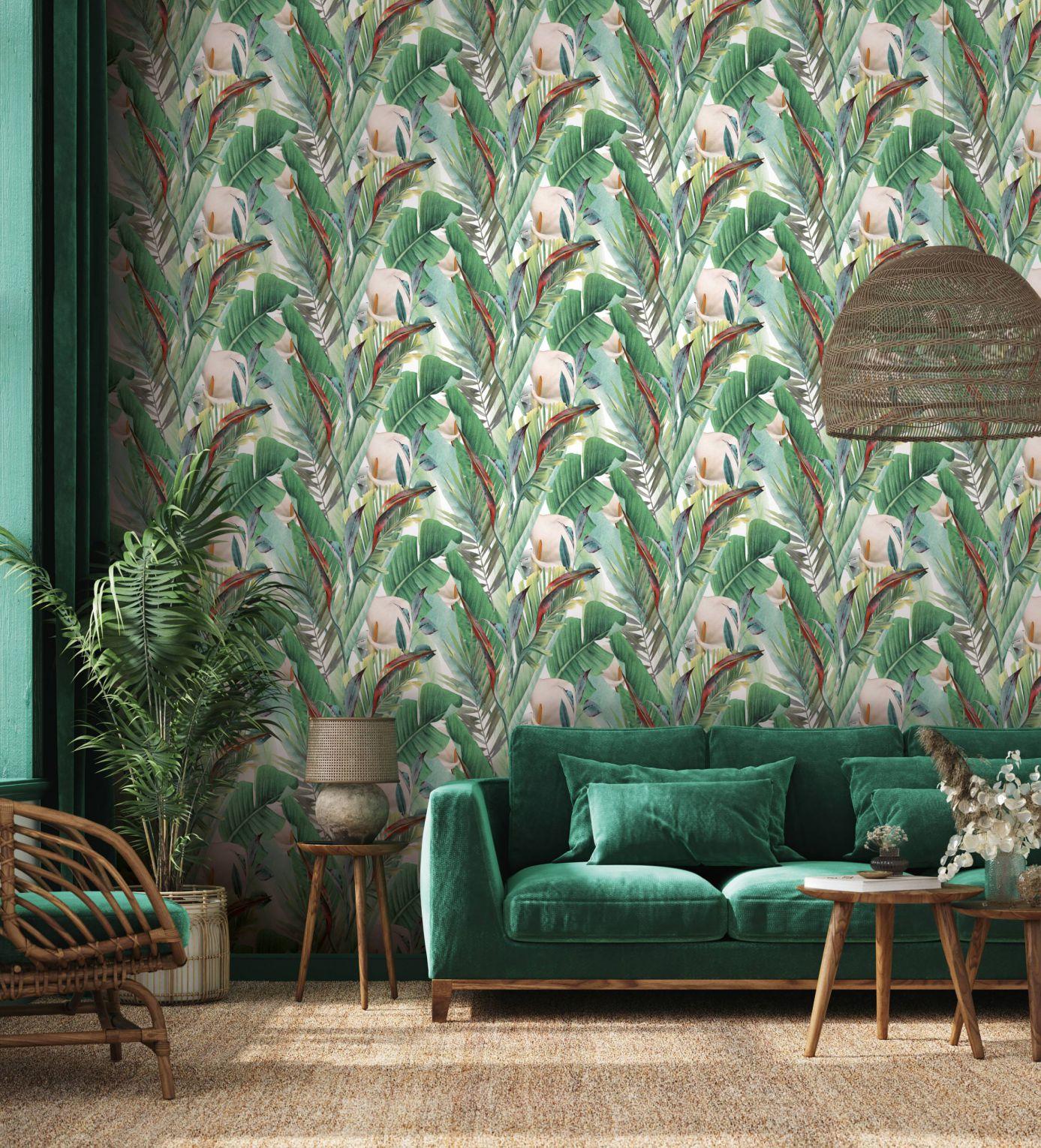 Bloemen behang, vliesbehangbehang Spirit of Jungle groen, rood