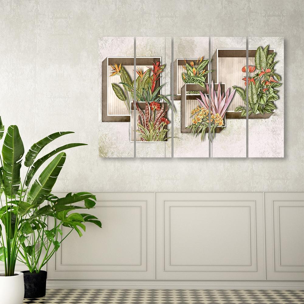 5 stykke lærredsprint, firkantede æsker hylder med blomster