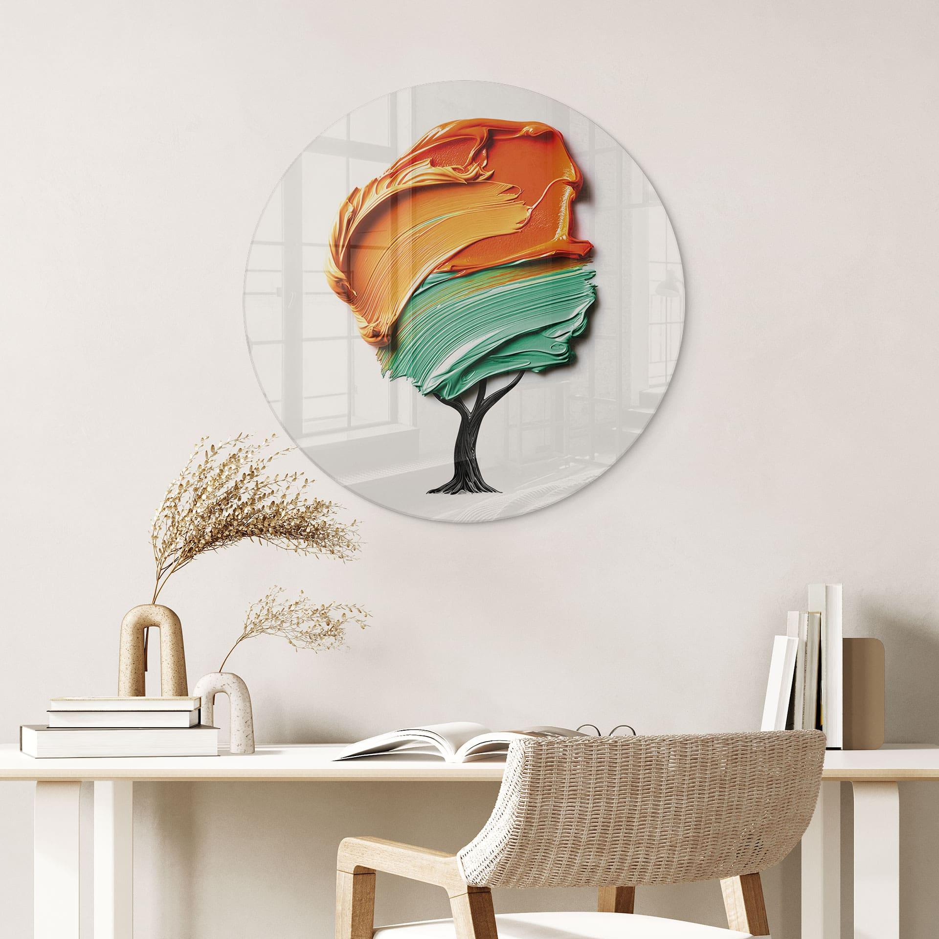 Glasbillede - Træ med orange og grøn 3D-krone - Mielu - Rund