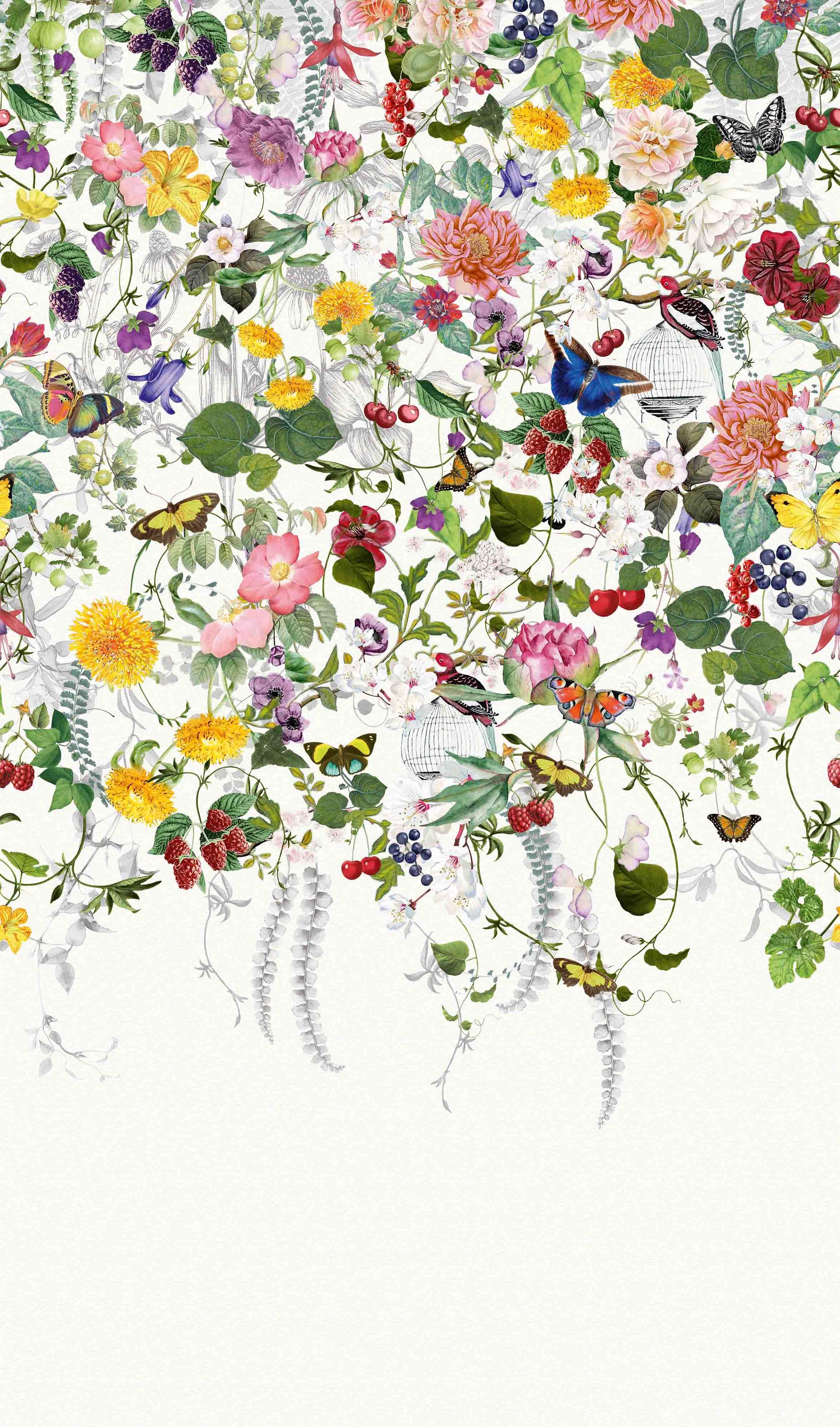 Fototapet Farverig blomstereng med sommerfugle og bær vintage 2,7 x 1,59 m