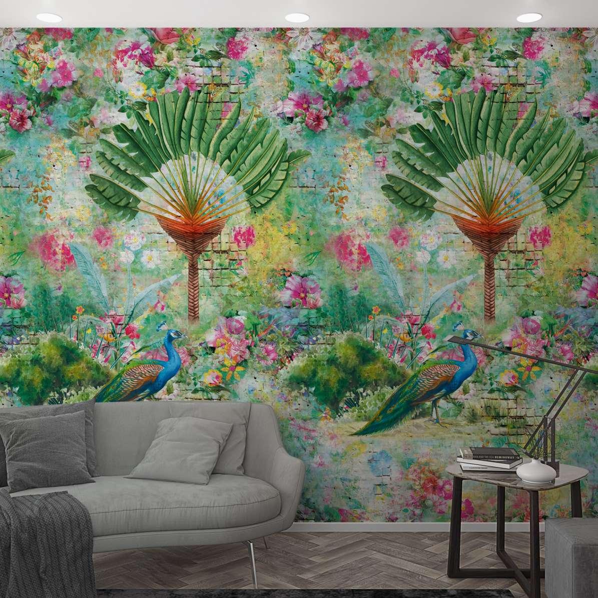 Blomster og påfugle tapet Fototapet grøn, pink, steneffekt 2,70 x 1,59 m