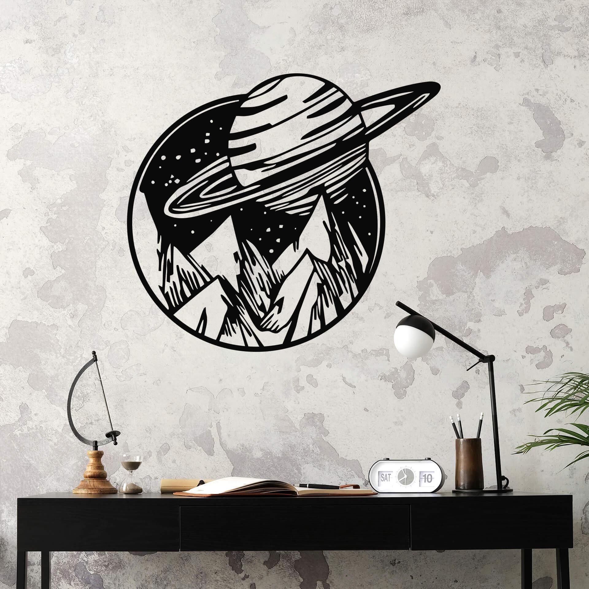Wandtattoo Weltraum - Saturn über Berglandschaft - Rund