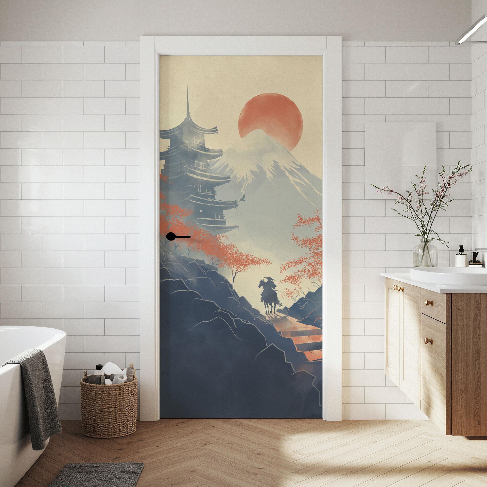 Vinilo para puerta Amanecer en la Pagoda - Roze - Decoración autoadhesiva para puertas
