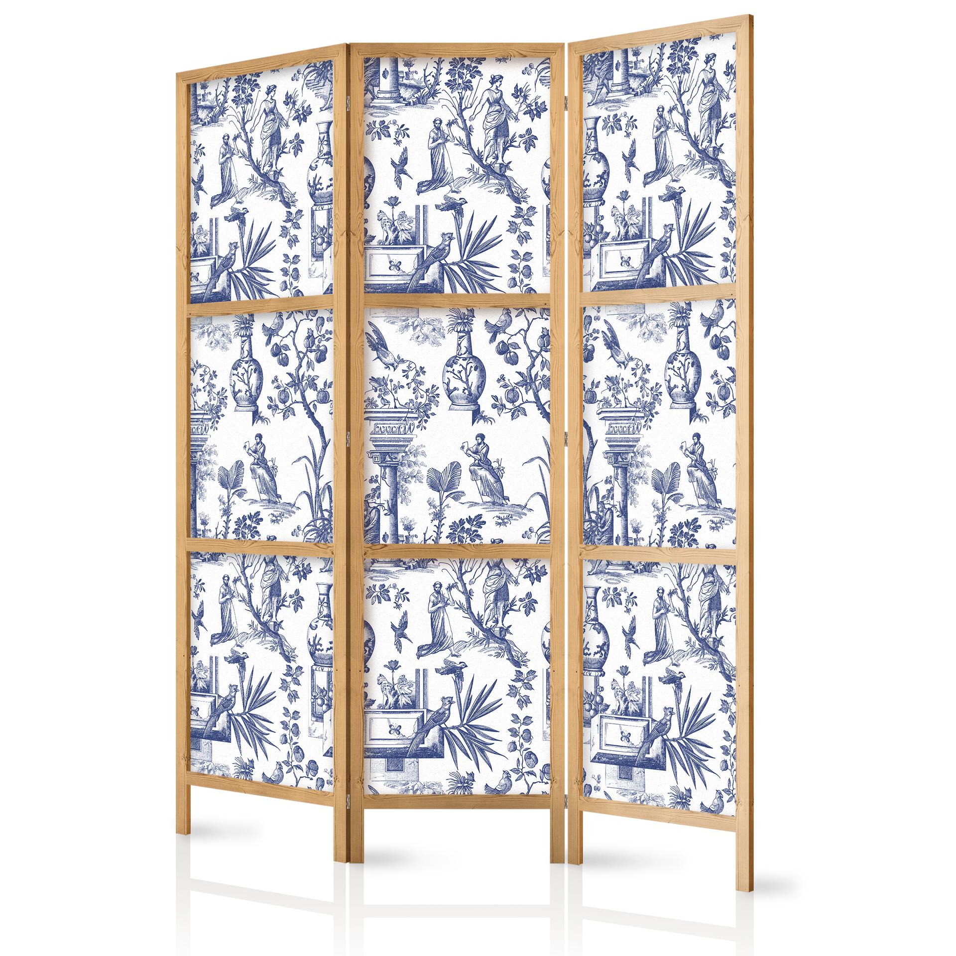 Japanischer Paravent, Raumteiler freistehend, Trennwand - Rome and Botany: Blue Greek and Plant Patt