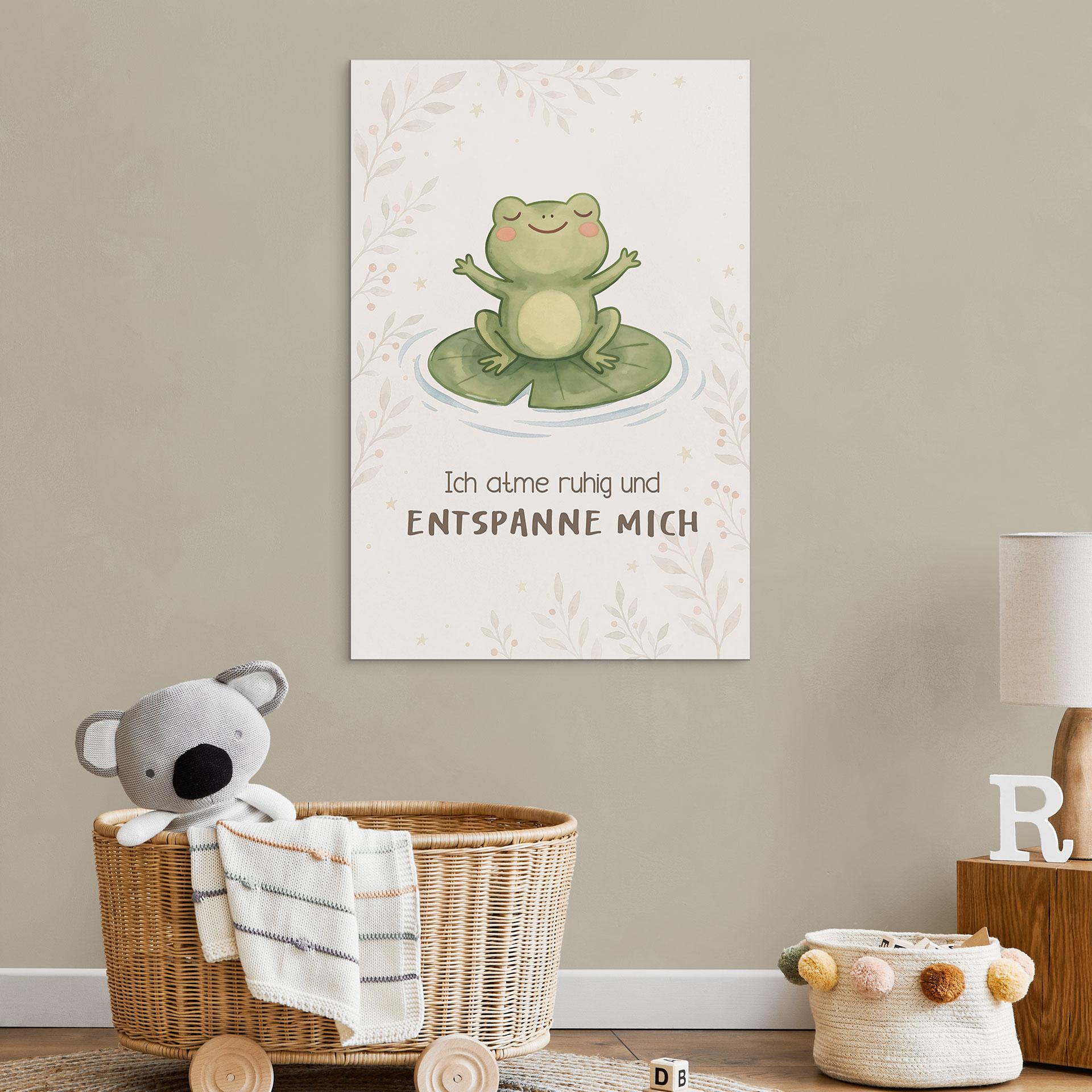 Alu-Dibond Wandbild mit Frosch - Kraftsatz 'Ich atme ruhig' für Kinder