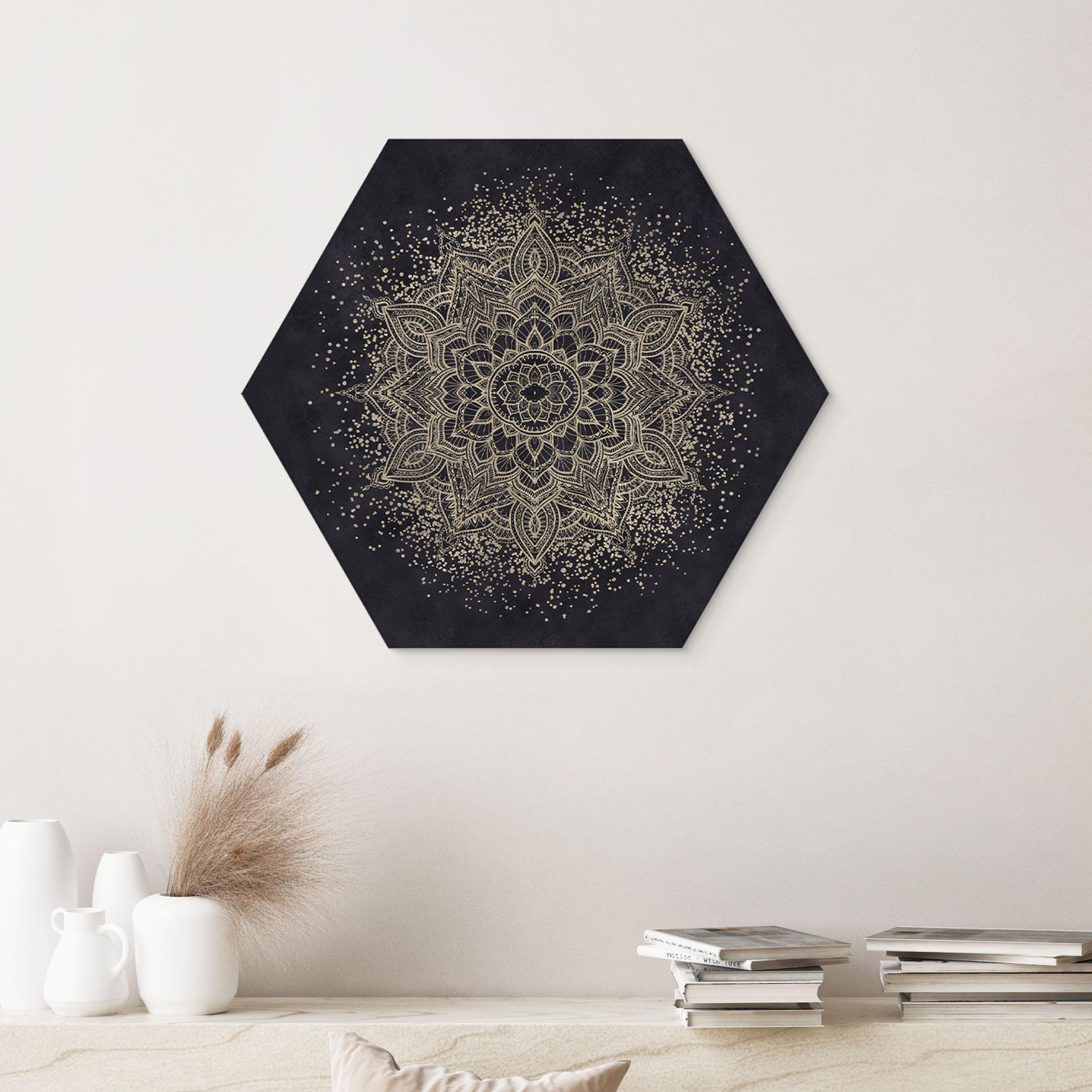 Sekskantet billede Elegant mandala i sort og guld - Bloomery Decor - Aluminium dibond