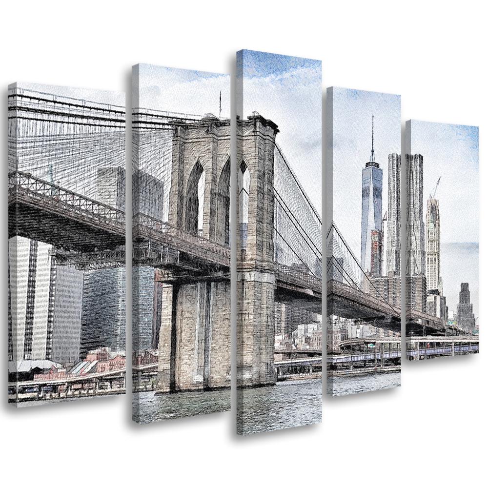 Lærredstryk 5 stykker, Brooklyn Bridge City New York