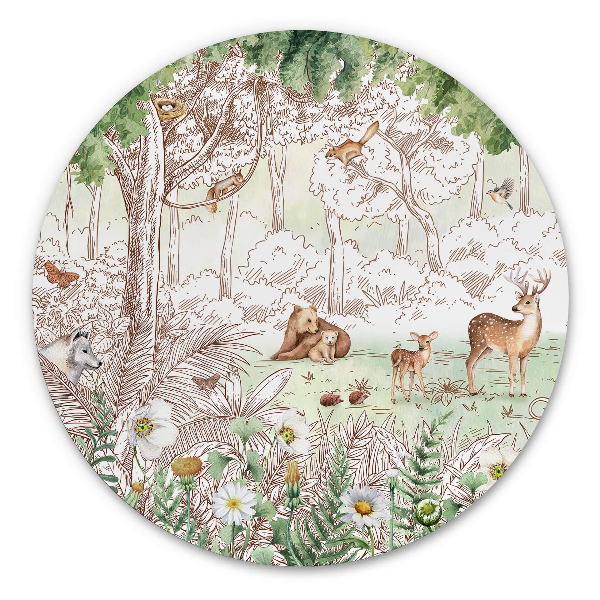 Tableau sur alu-Dibond rond Kikki Belle - Printemps des amis de la forêt
