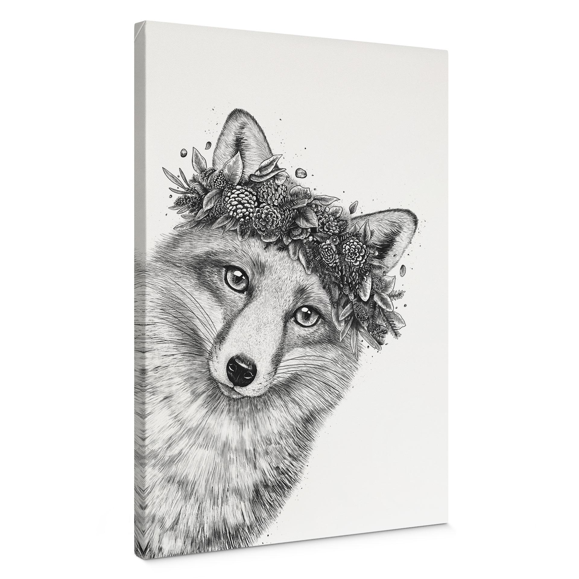 Canvasbillede Sort og hvid ræv med blomsterkrans - Korenkova
