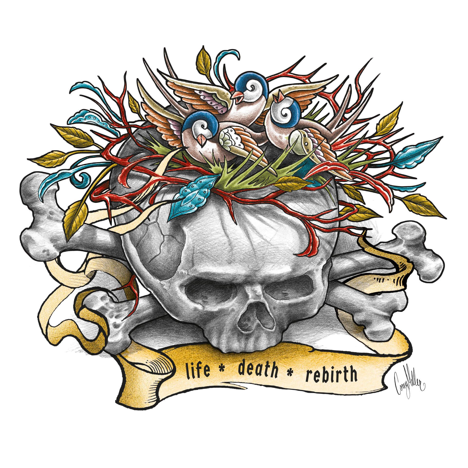 LA Ink calavera con nido de pájaro mural de ventana