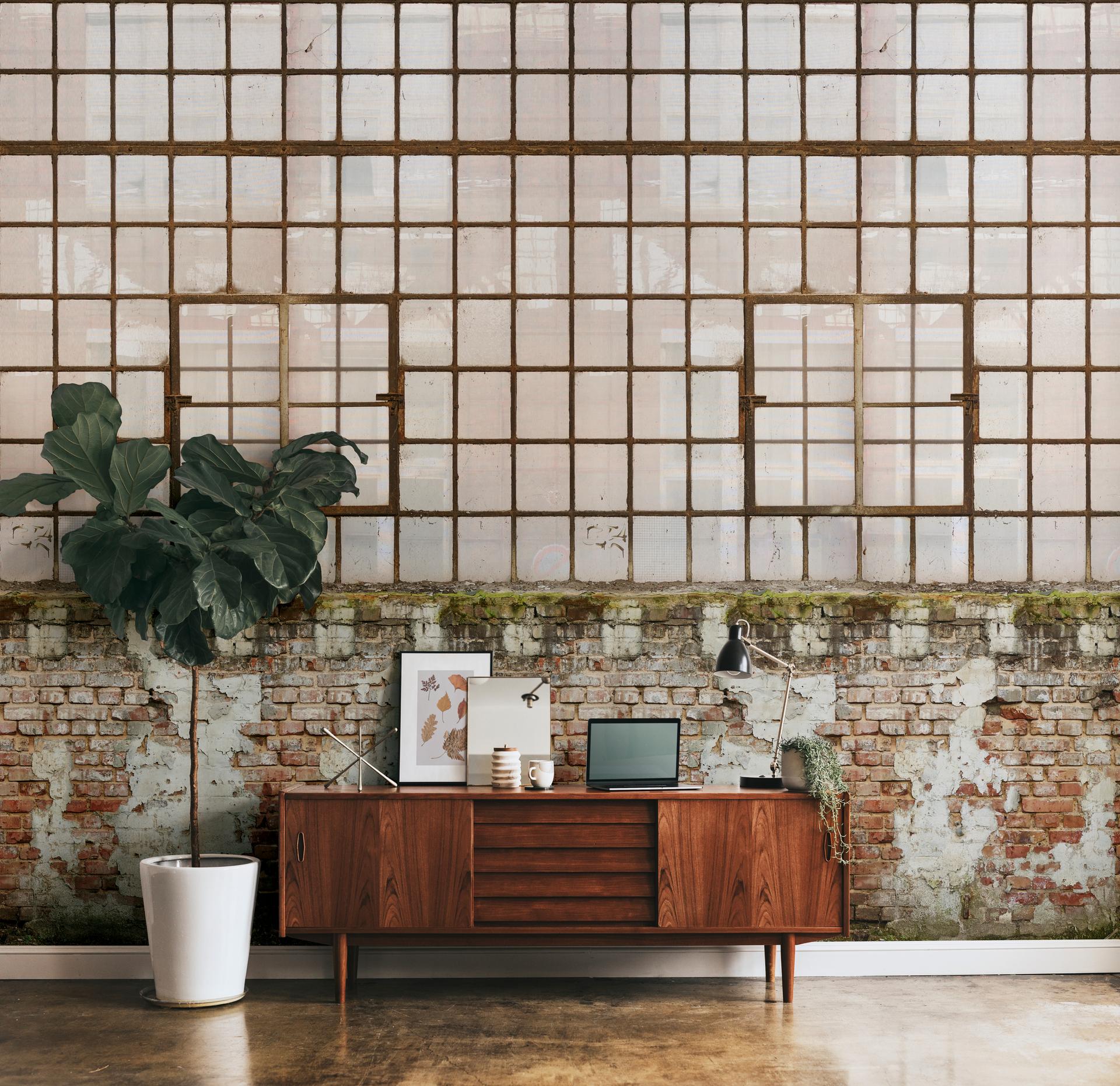 behang fabriekshal crème bruin - vliesbehang architectuur Livingwalls - mat en glad