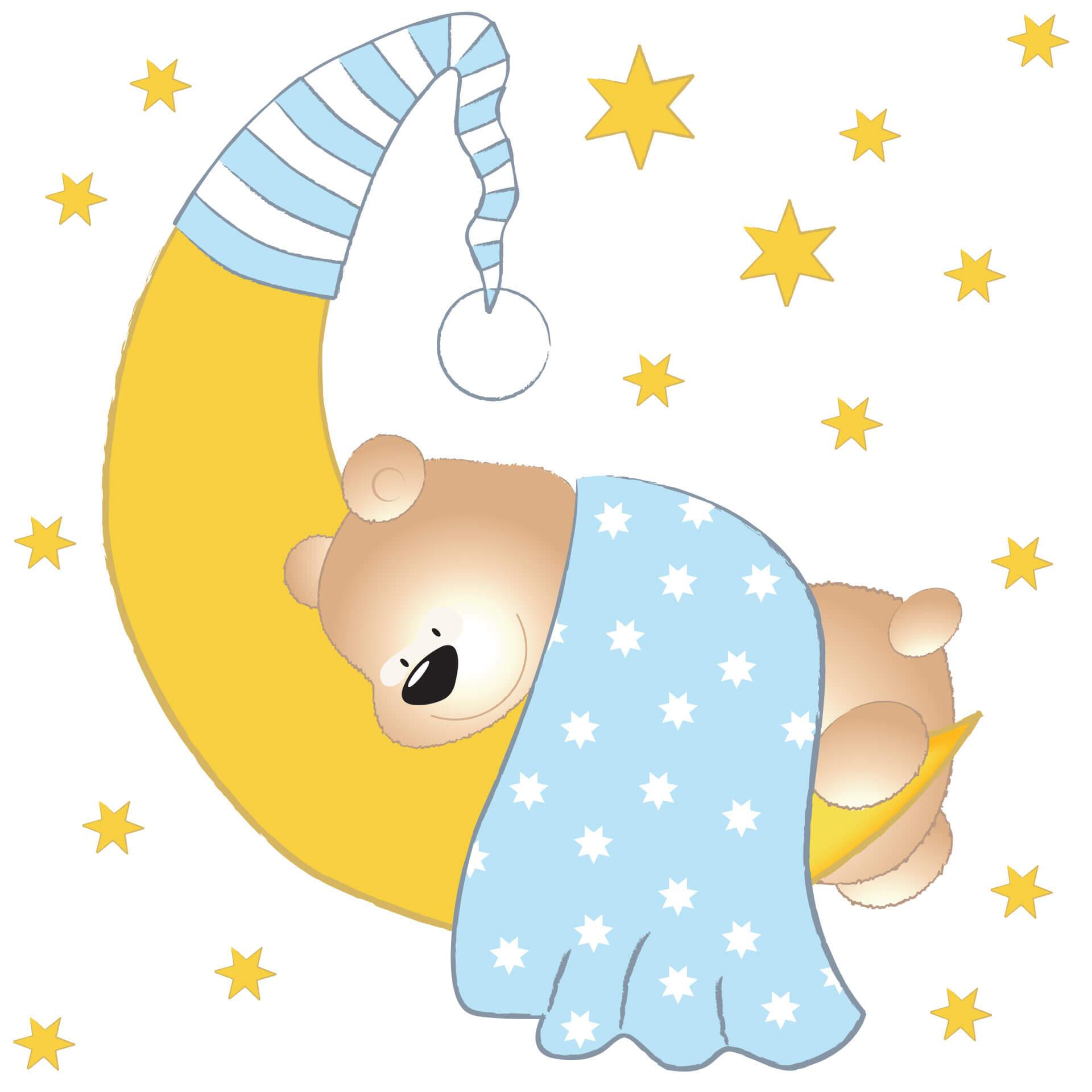 Muursticker Beer, Maan, Sterren (blauw)