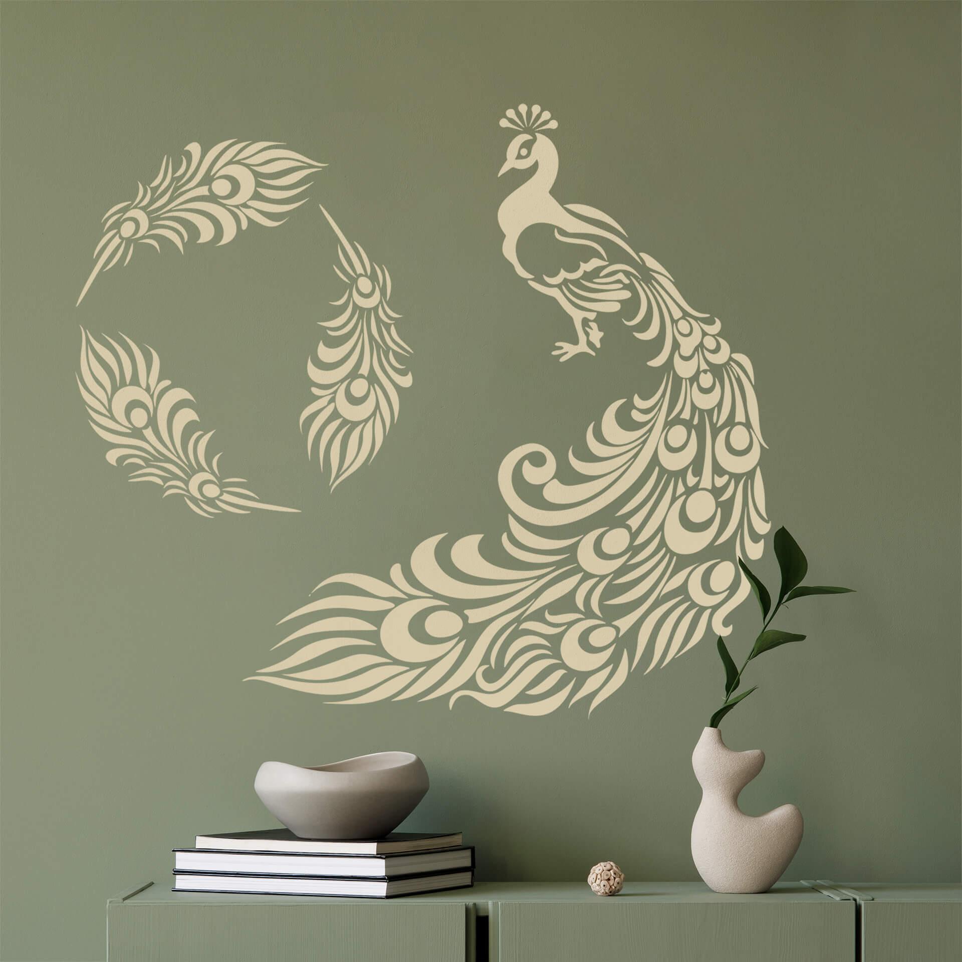 Wandtattoo Kleiner Pfau mit langem Federkleid + 3 Pfauenfedern