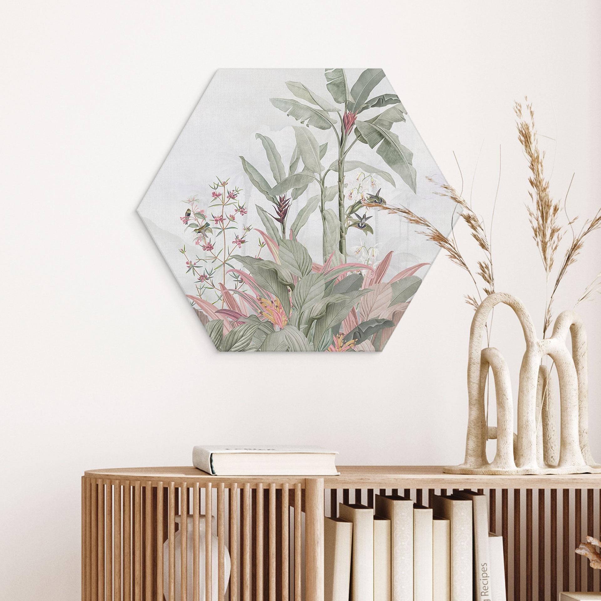 Sekskantet billede Tropisk idyl med kolibri blå - Bloomery Decor - Alu-Dibond