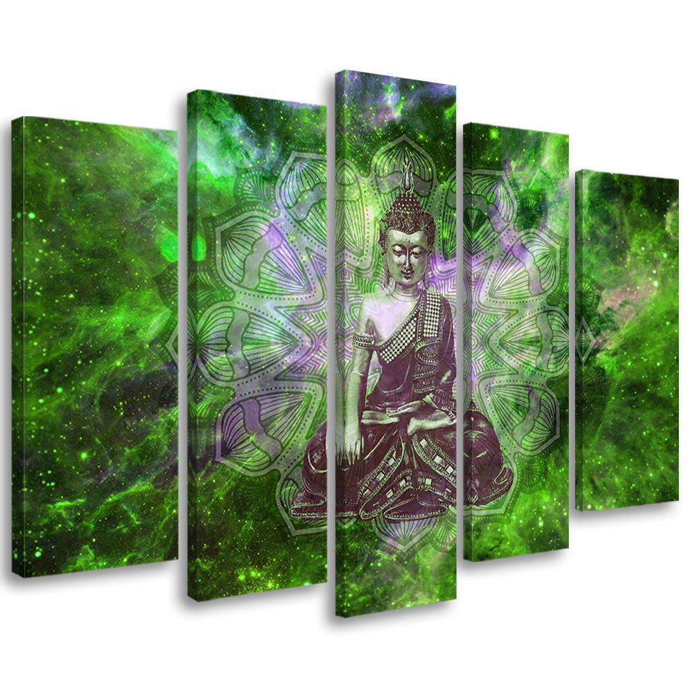 5 stykke lærredsprint, Buddha Mandala Naturgrøn