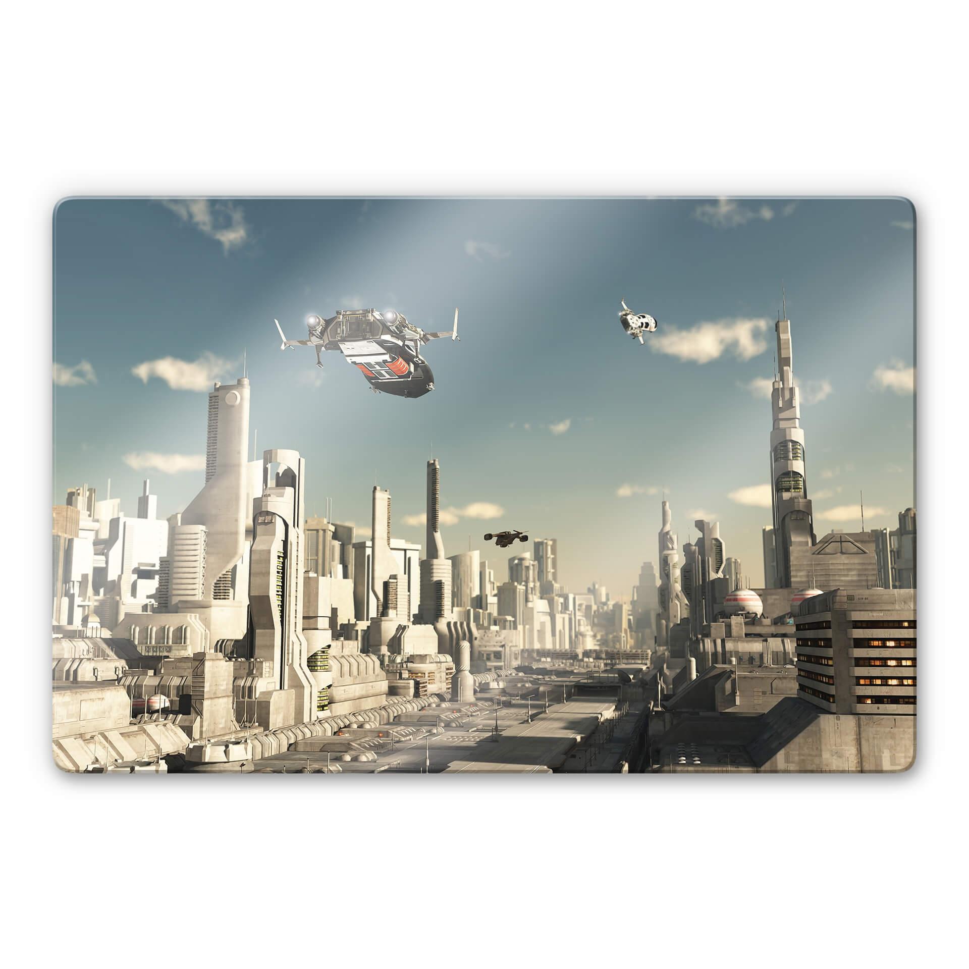 Glasbild - 3D Landeanflug Sci-Fi Stadt
