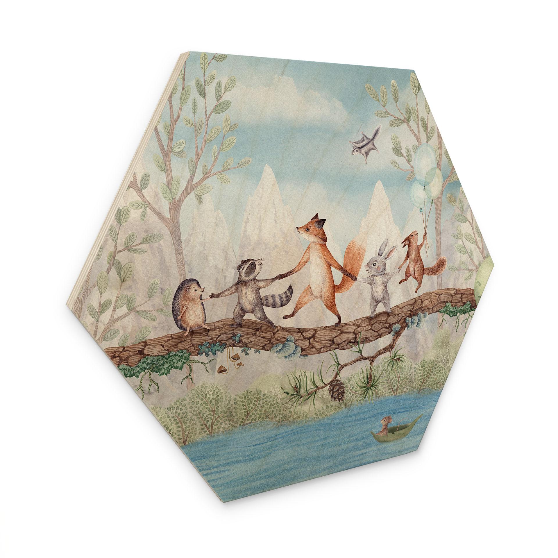 Hexagon Houten Wanddecoratie Dierenuitstapje in de Natuur - Oliver Robins