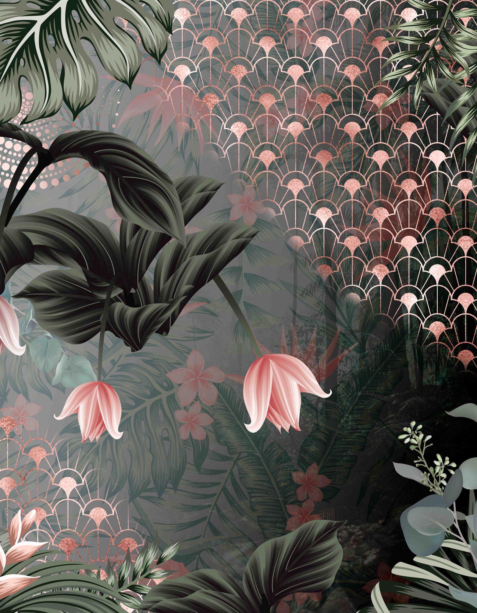 Fototapet i art deco-stil Kran i junglen med blomster og viftemønster 3,4 x 2,65 m