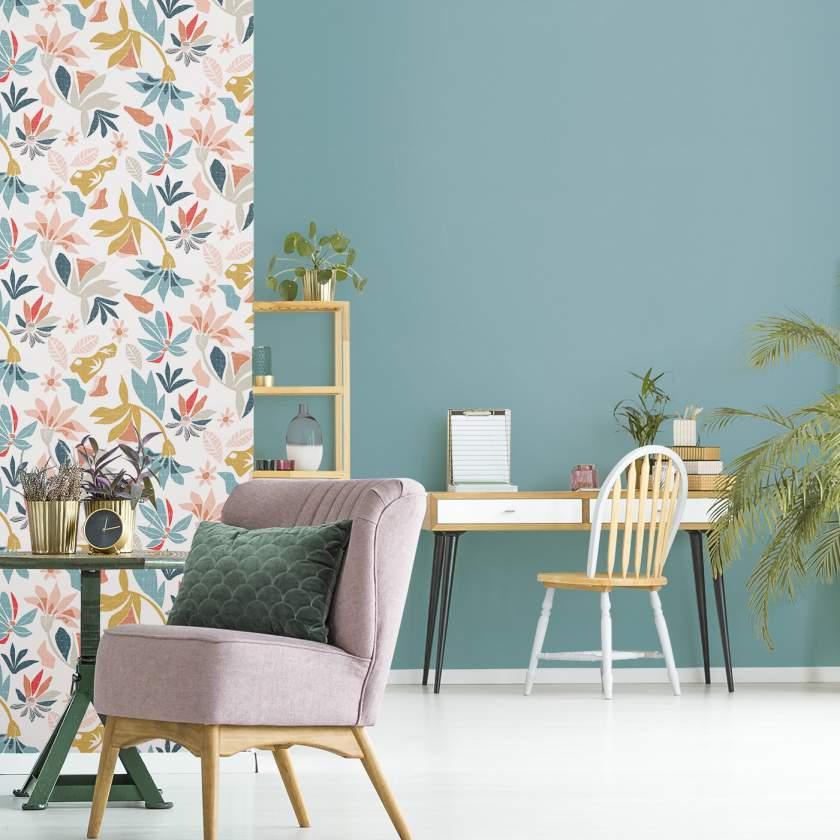 tapet, non-woven blomstertapet Flora hvid, blå
