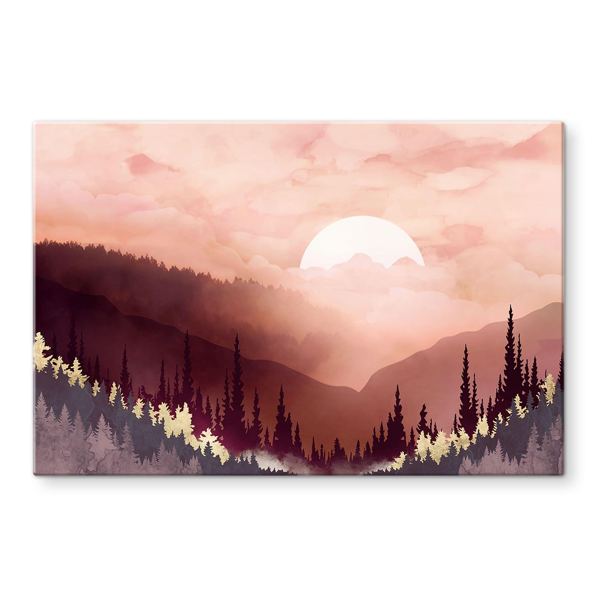 Glasbillede - Lyserød solnedgang over skoven - SpaceFrog Designs