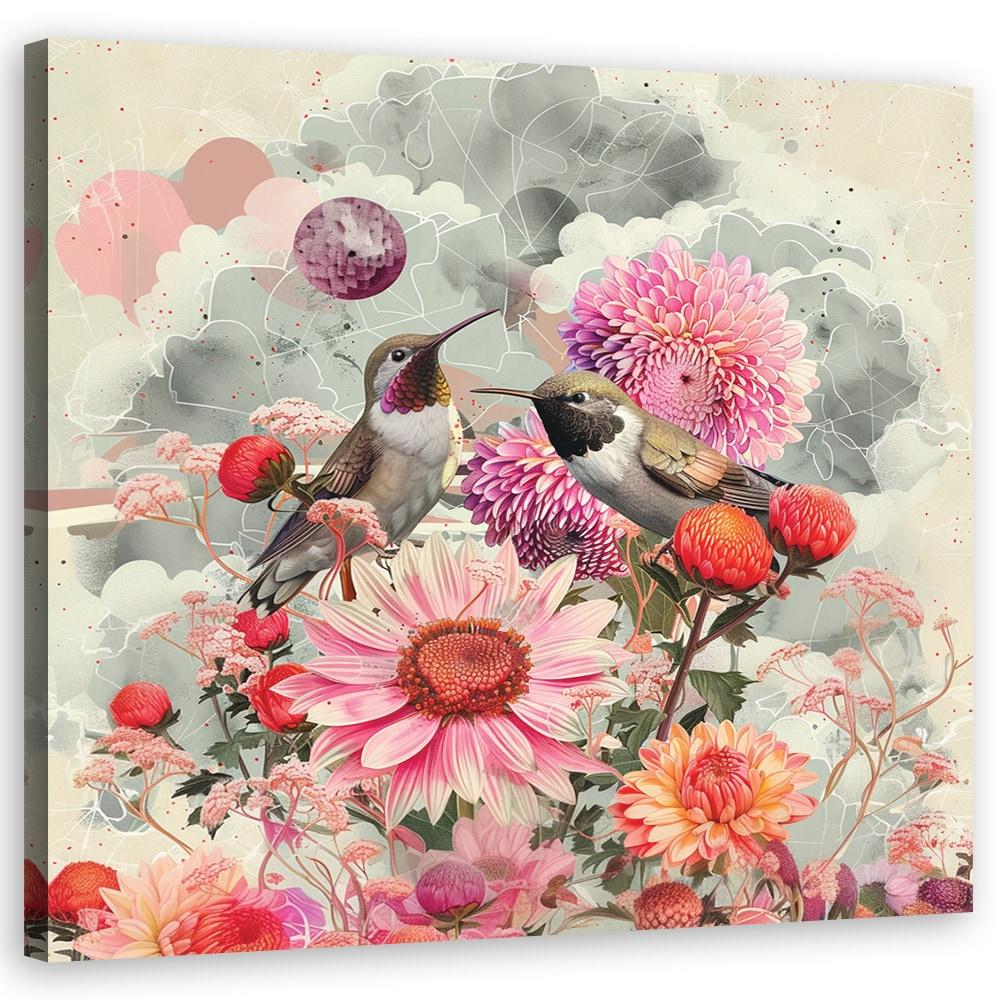 Leinwandbild Bunte Blumen mit Kolibris