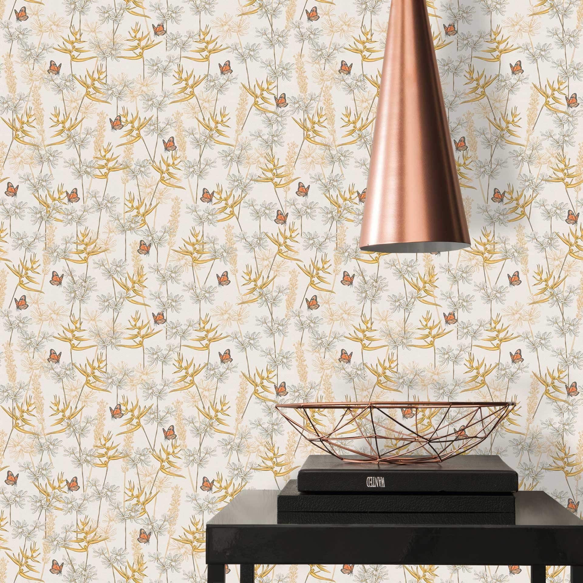 blomstertapet med sommerfugle hvid gul - non-woven tapet blomster og dyr