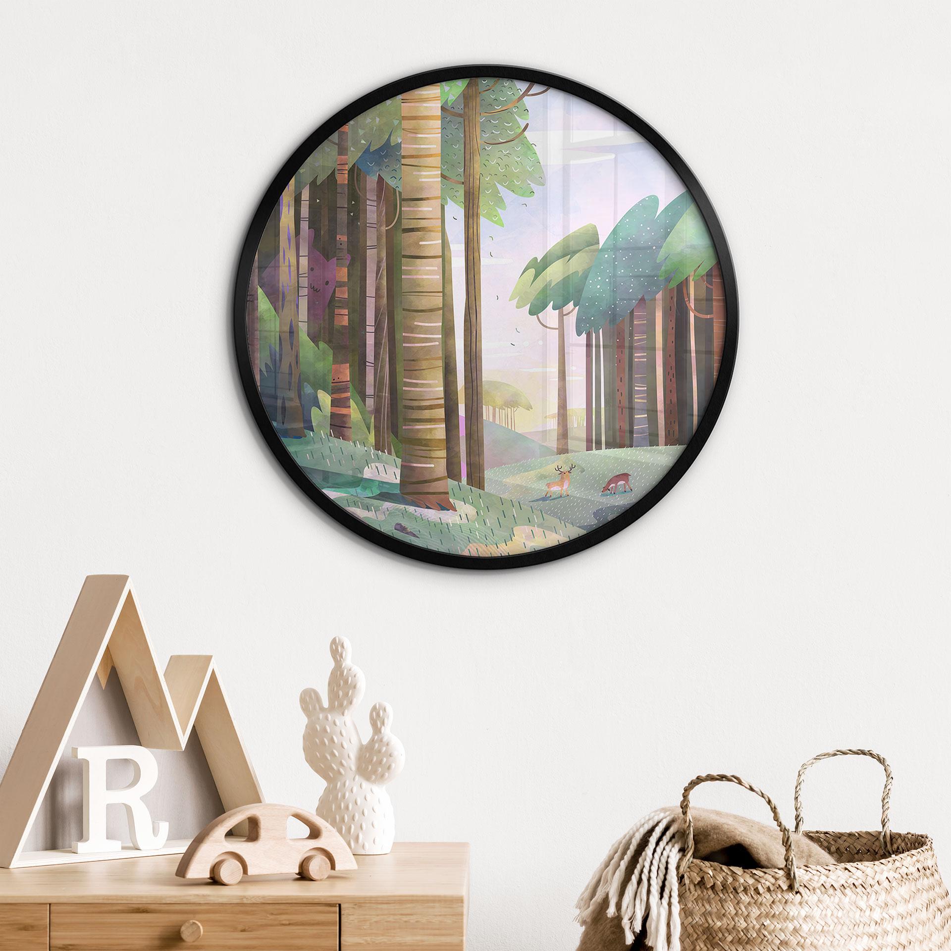 Plakat Solrig skov med hjorte - DigitalArtsi - Round