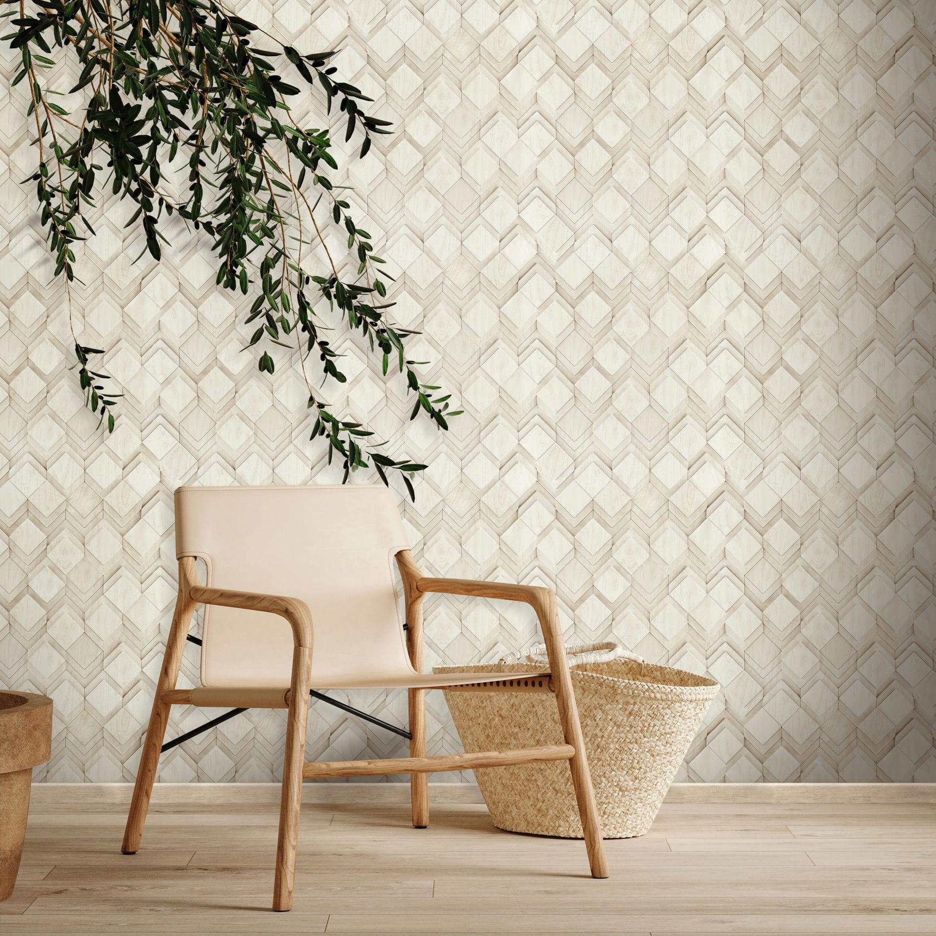 Ikke-vævet tapet i hvid, beige rombe-illusion 3D-look moderne