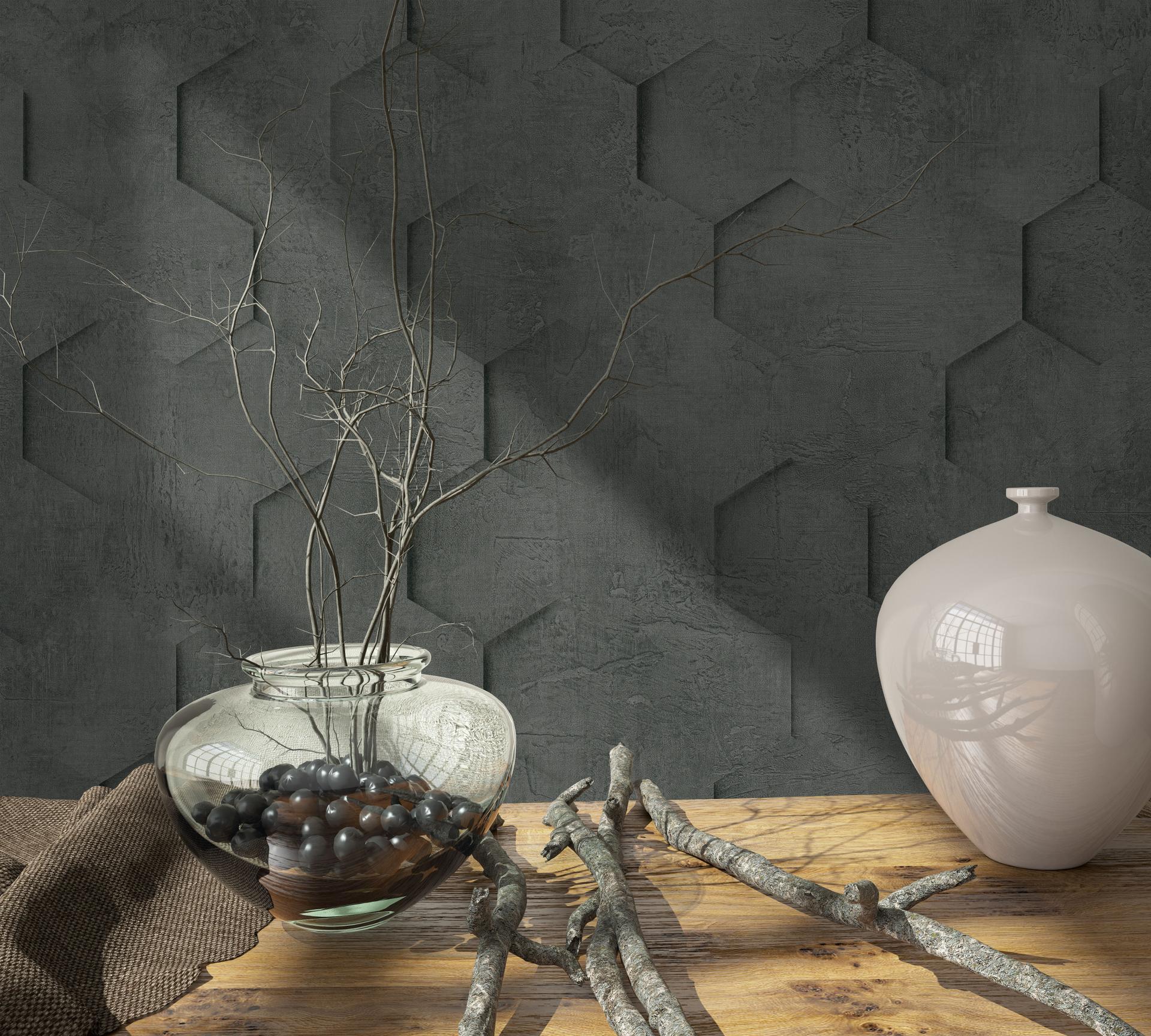 Vliesbehang met 3D honingraatpatroon zwart grafisch
